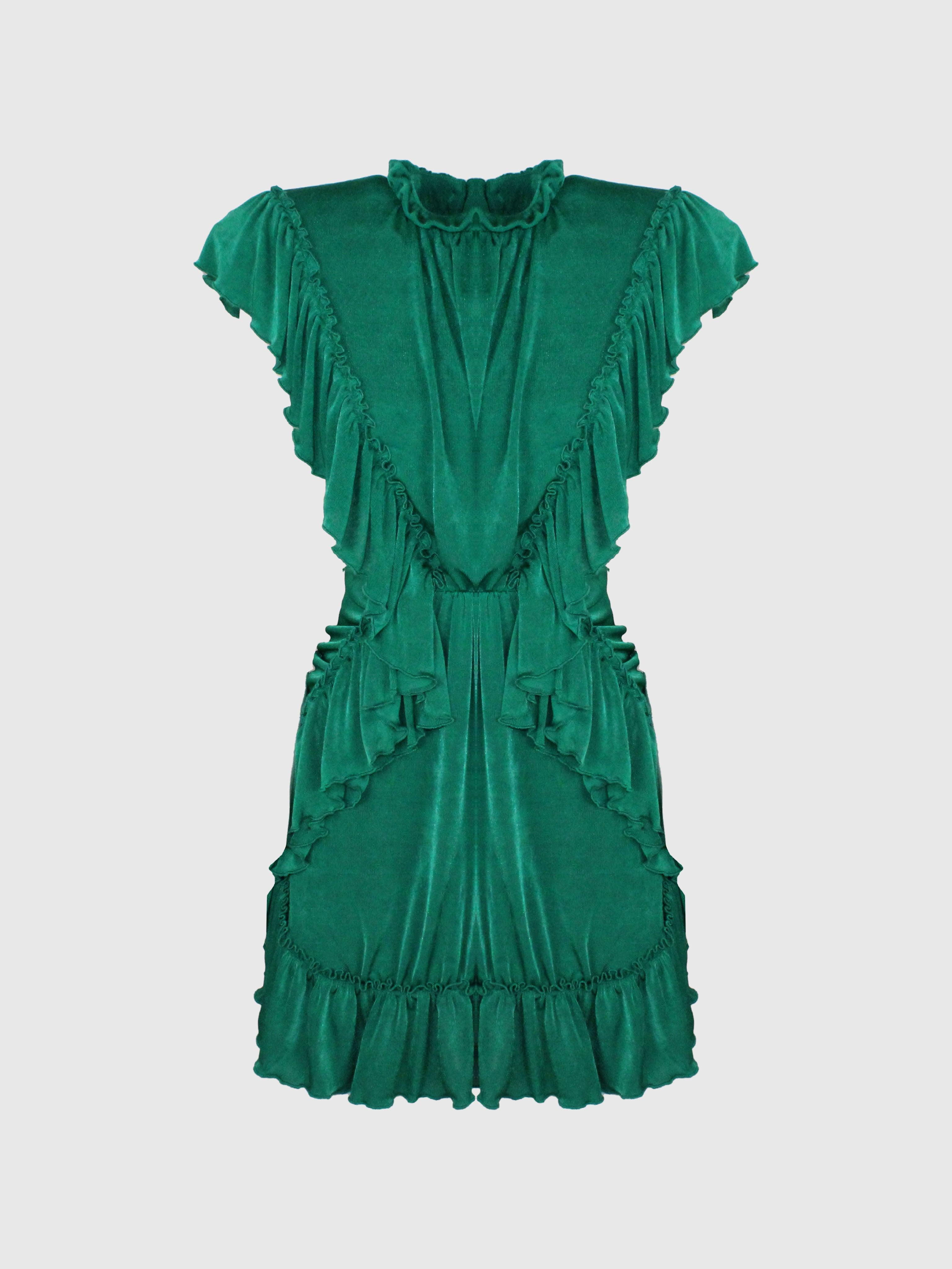 ABITO CORTO VERDE SCOLLATO SUL RETRO E DRAPPEGGIATO CON SPALLINE E BOTTONI