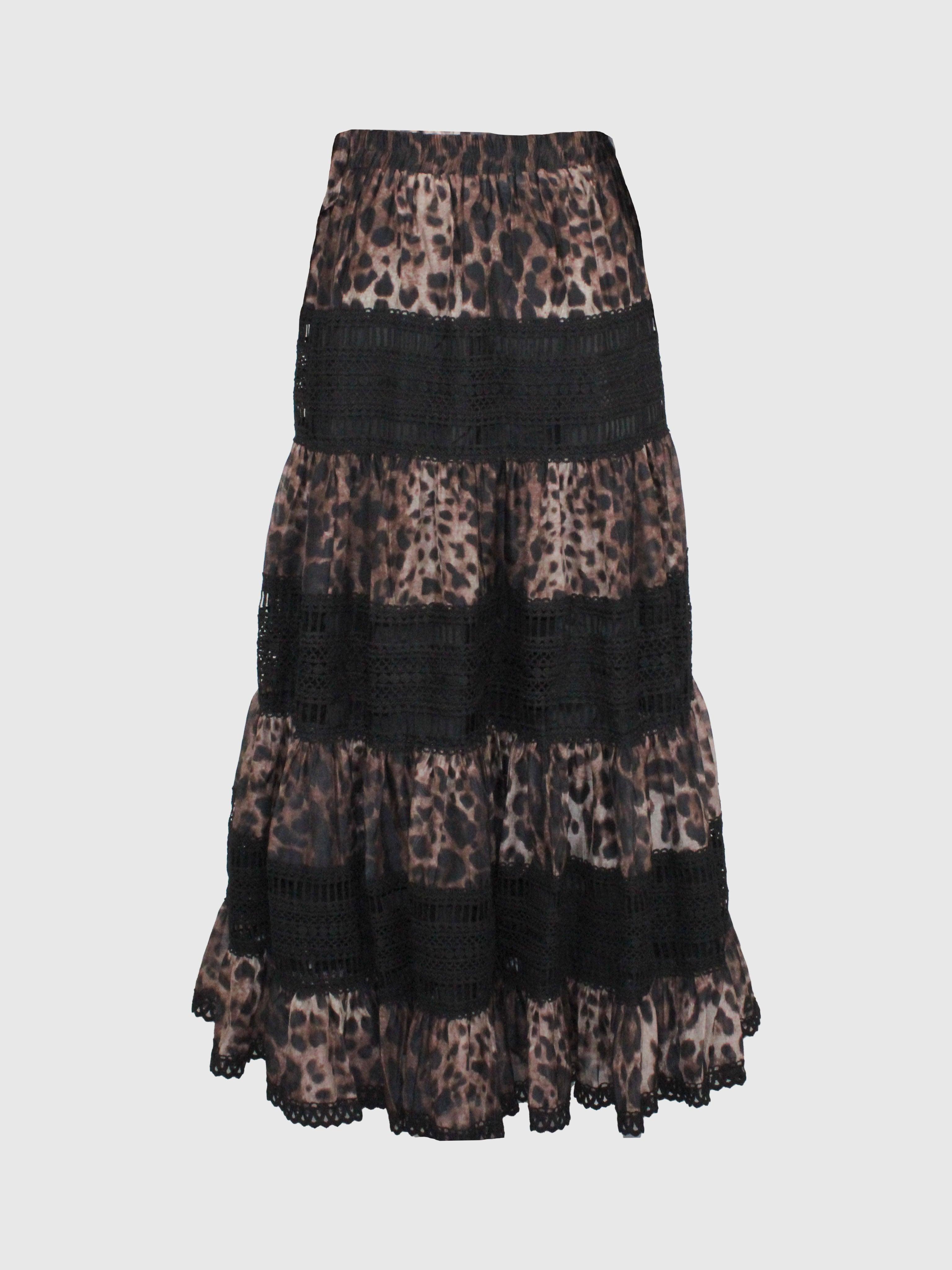 COORDINATO BLUSA SEMITRASPARENTE E GONNA LUNGA A BALZE STAMPA LEOPARDO