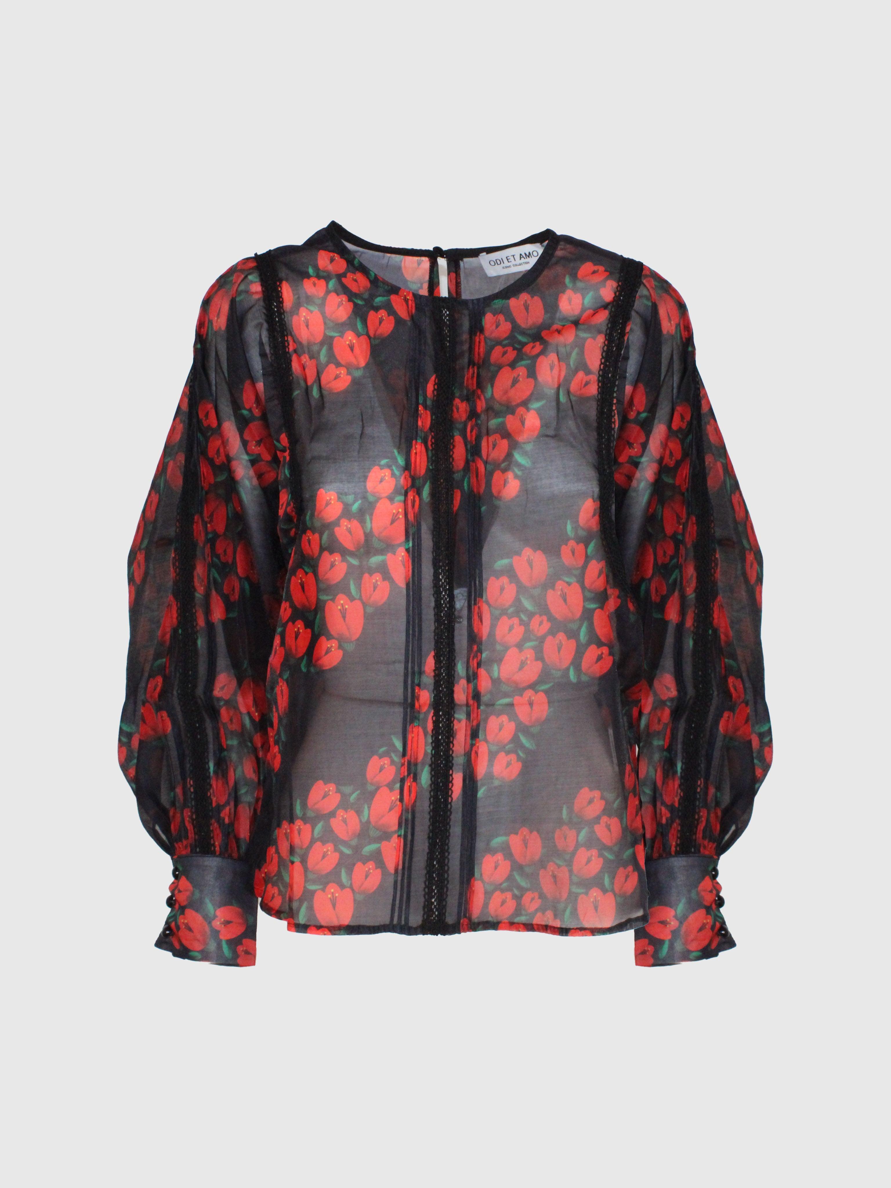 COORDINATO BLUSA SEMITRASPARENTE E GONNA LUNGA A BALZE STAMPA FIORI ROSSI