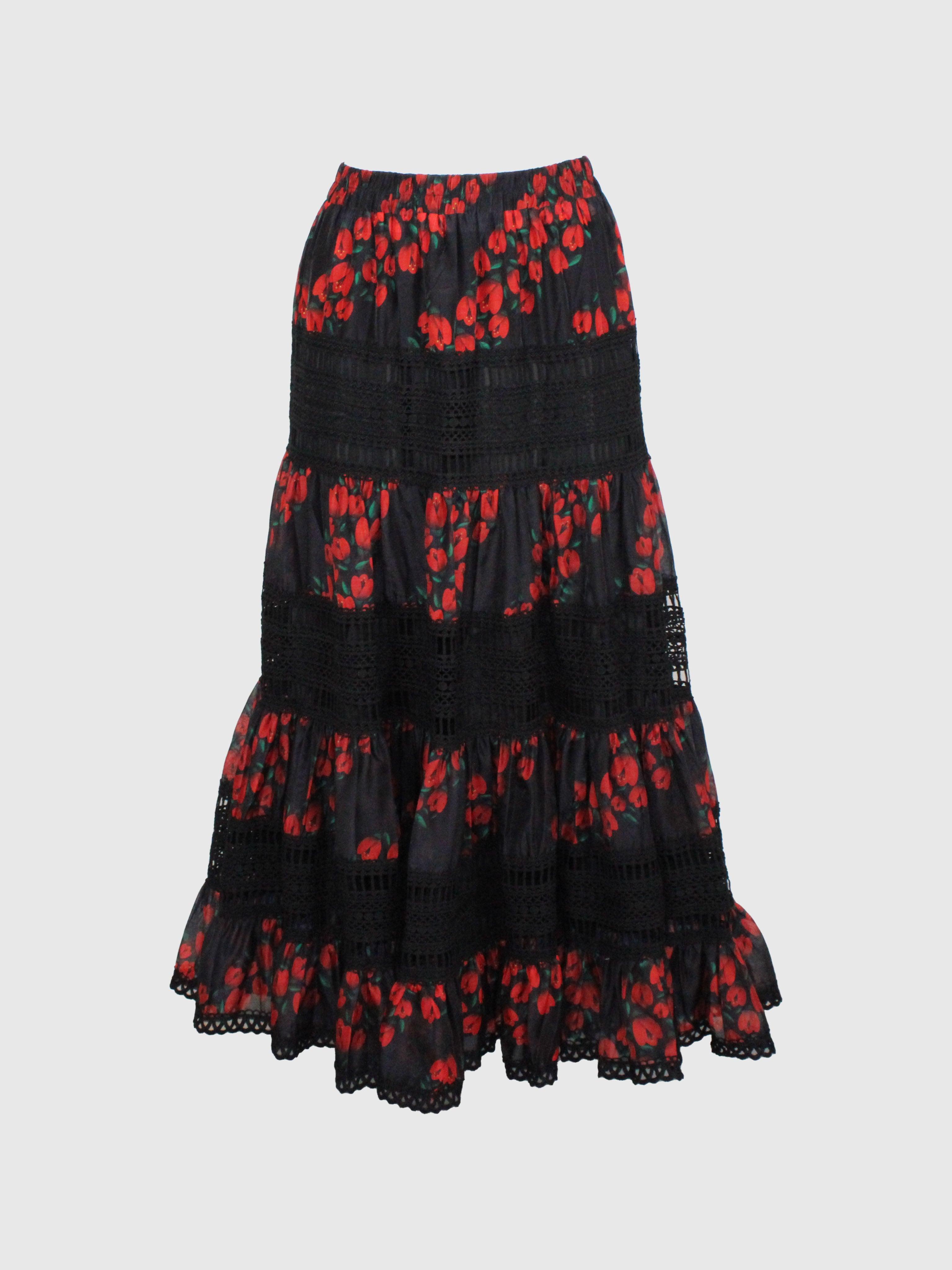 COORDINATO BLUSA SEMITRASPARENTE E GONNA LUNGA A BALZE STAMPA FIORI ROSSI
