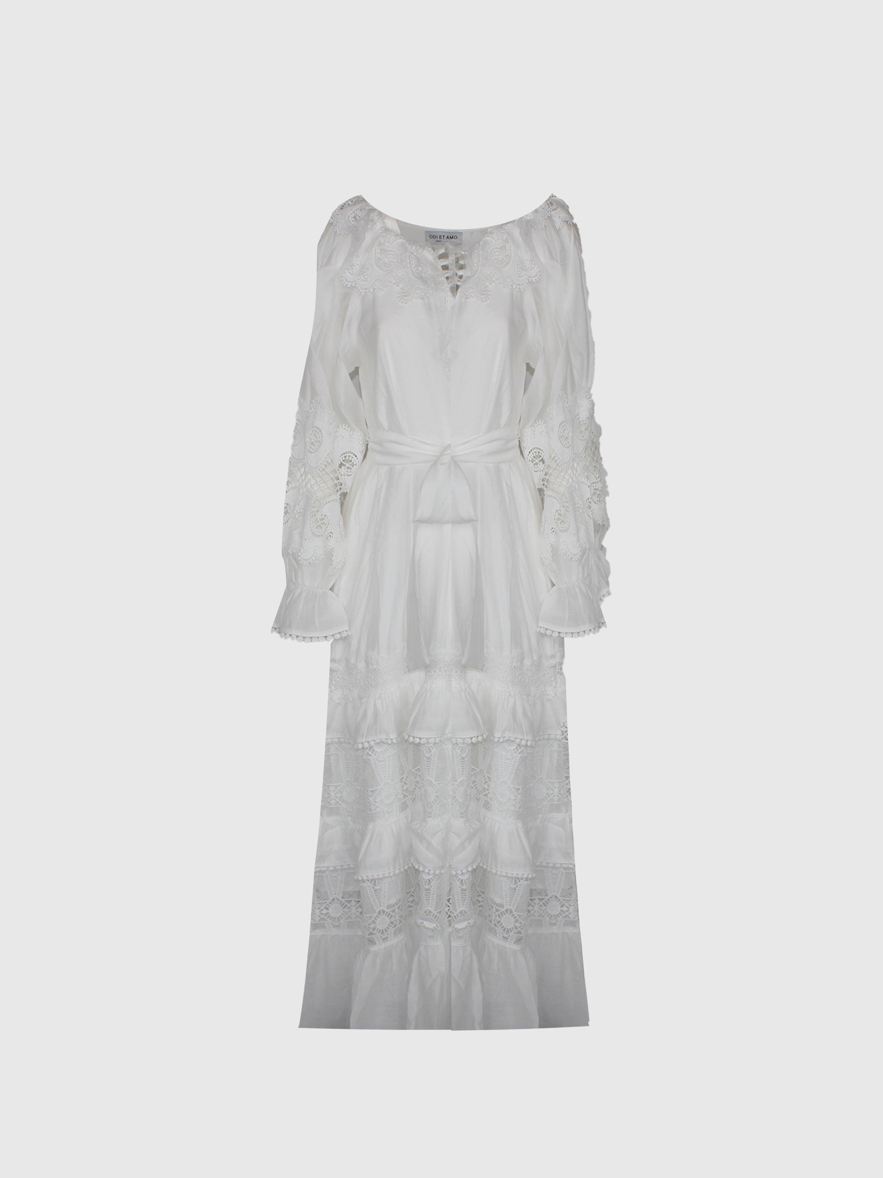 ABITO MIDI IN COTONE BIANCO CON SCOLLO BARDOT INSERTI IN PIZZO SEMITRASPARENTI