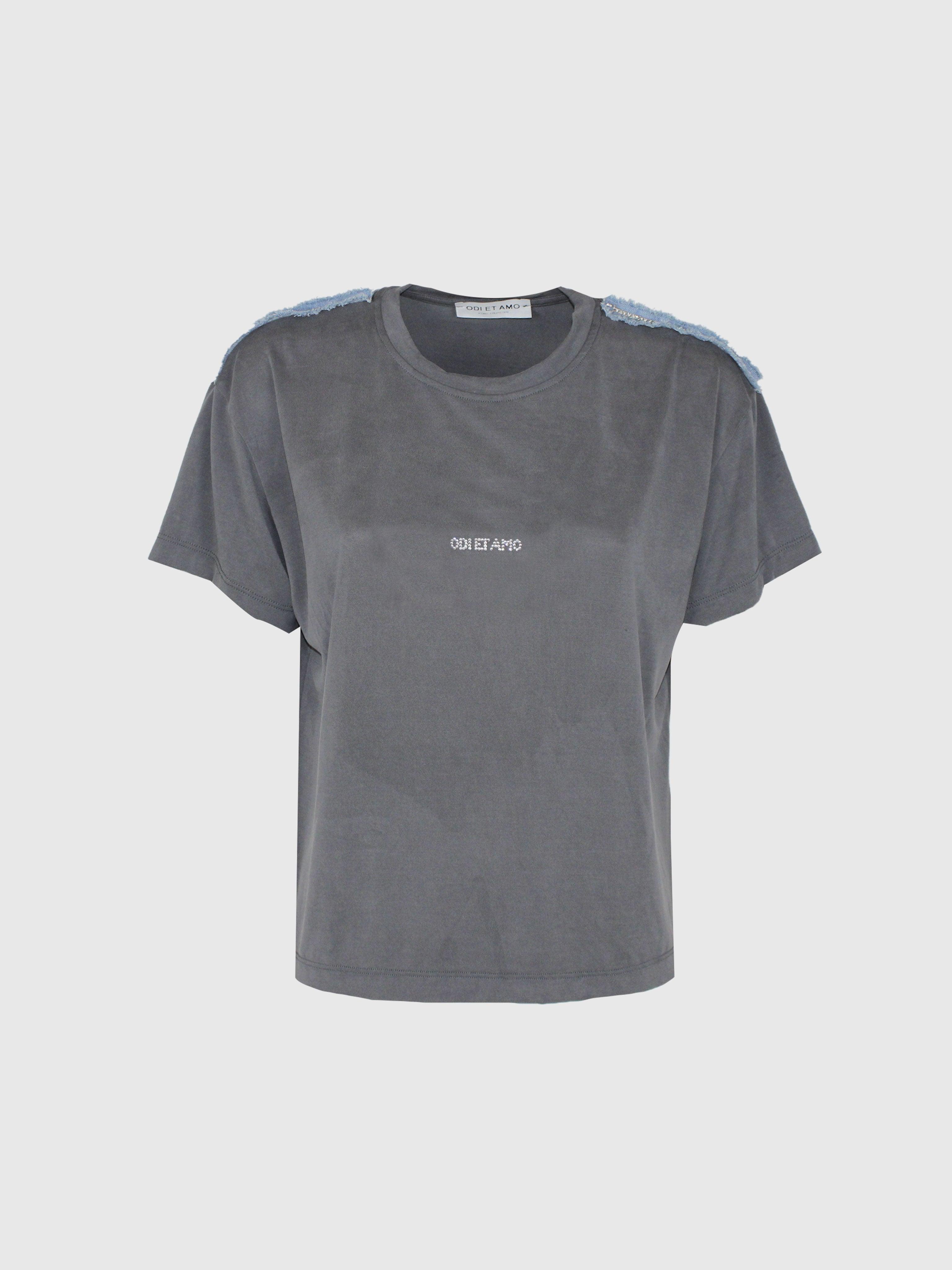 T‐SHIRT SMANICATA INSERTI JEANS E STRASS COTONE MODAL