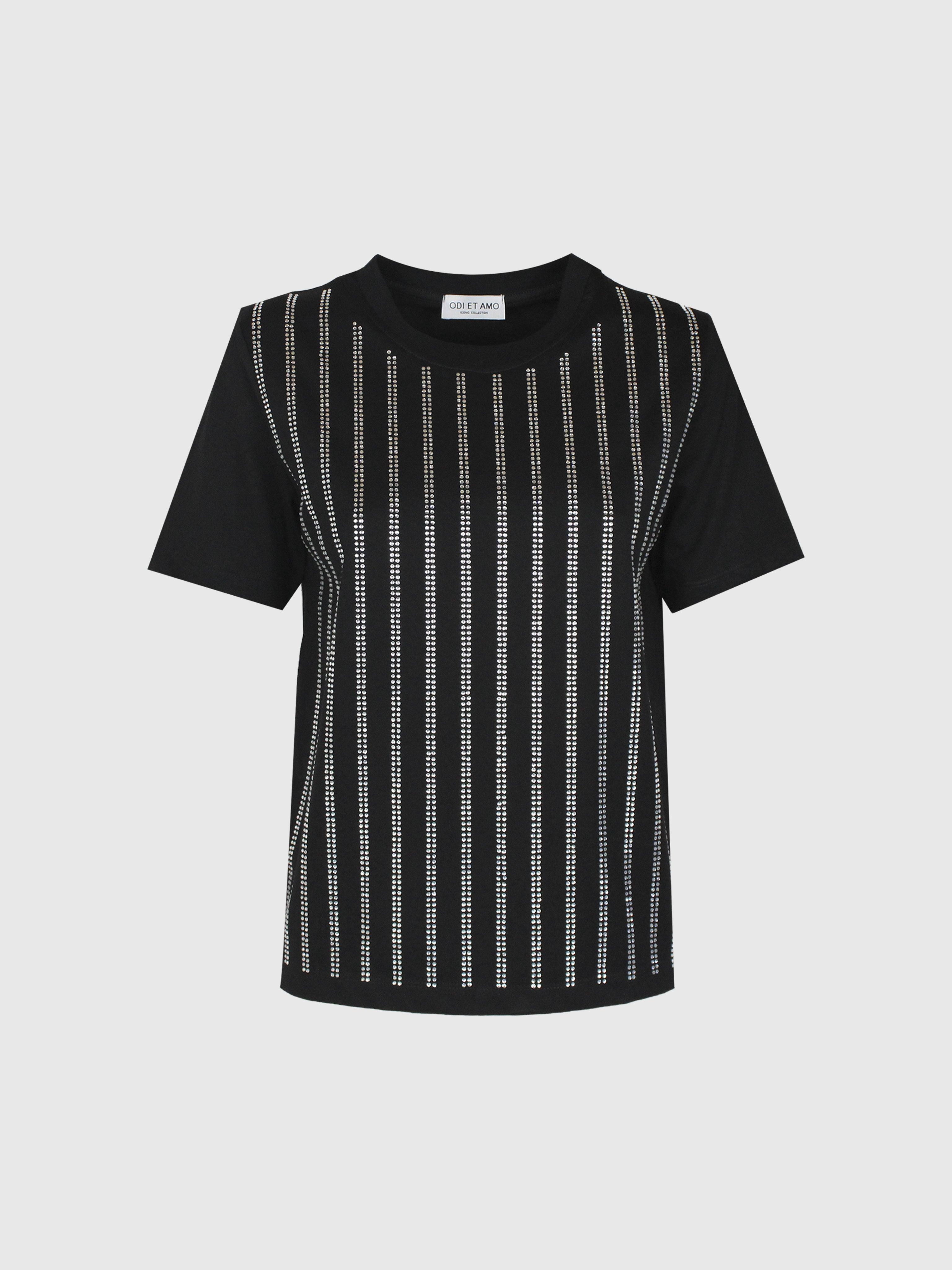 T‐SHIRT SMANICATA IN COTONE CON STRASS A RIGHE
