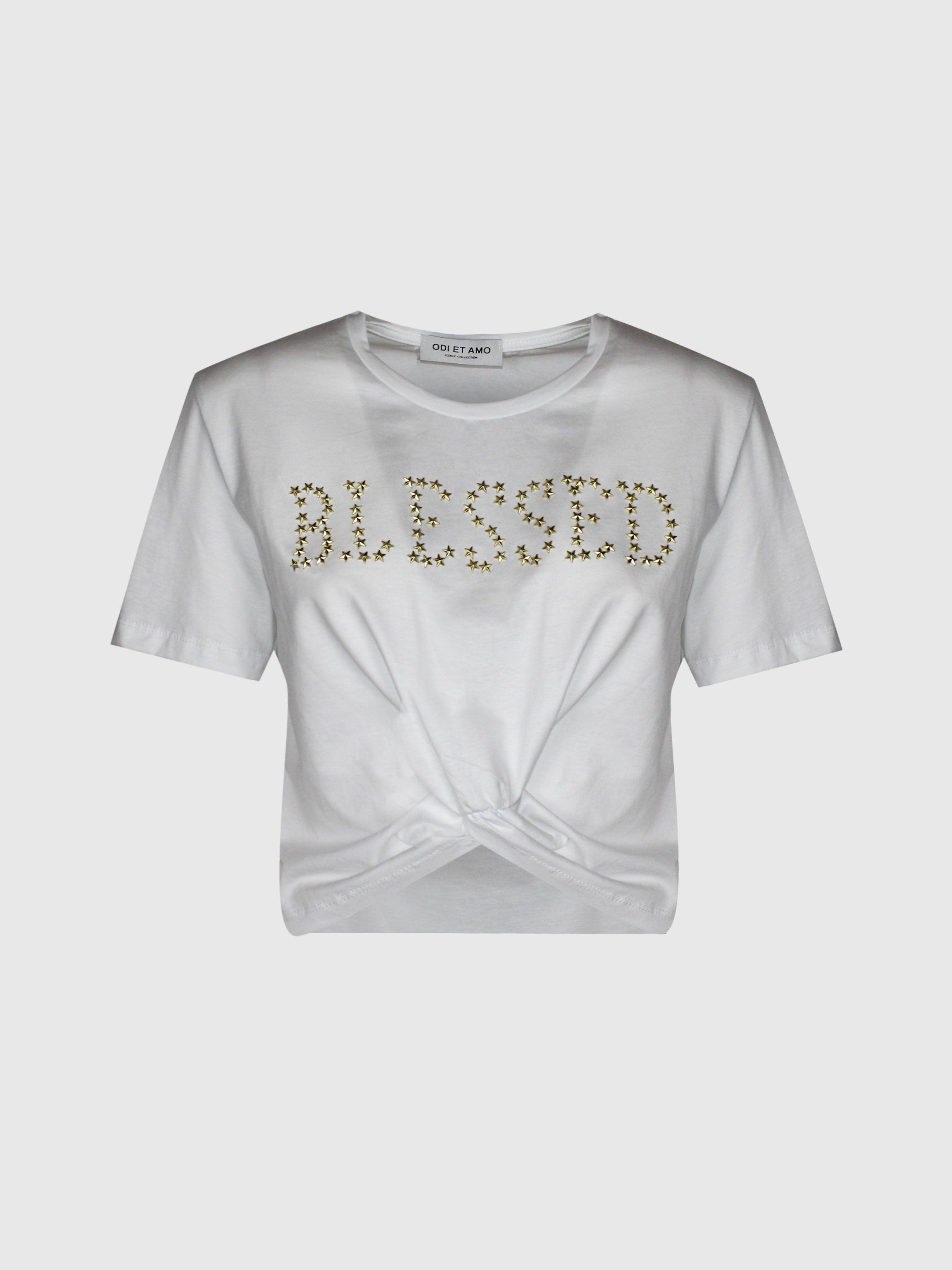 T‐SHIRT IN COTONE CORTA NODO IN VITA CON BORCHIE ORO A STELLA ORO BLESSED