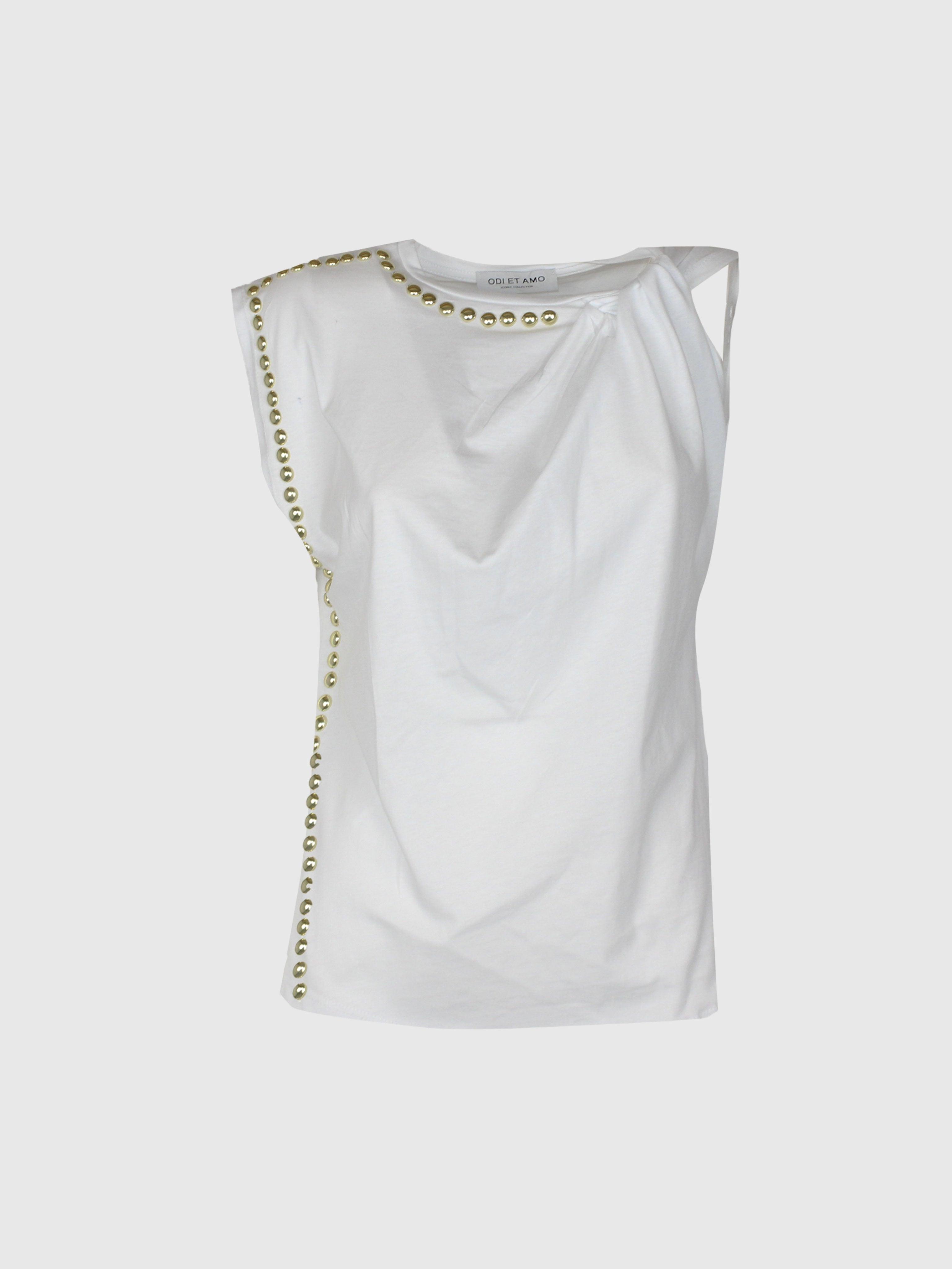T-SHIRT SMANICATA IN COTONE ASIMMETRICA CON NODO SULLA SPALLA E BORCHIE ORO
