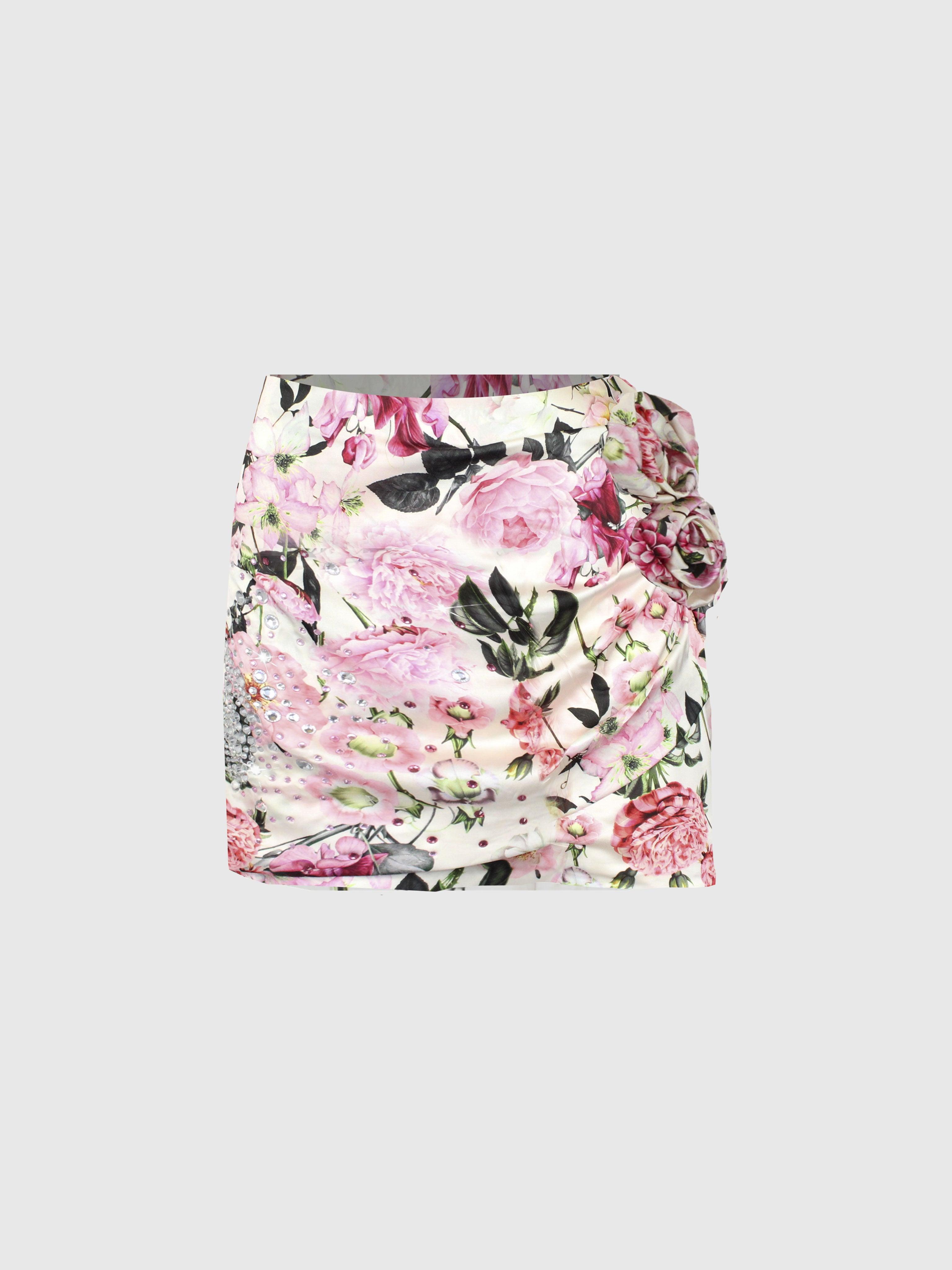 MINIGONNA TUBINO STAMPA ROSE E CRISTALLI