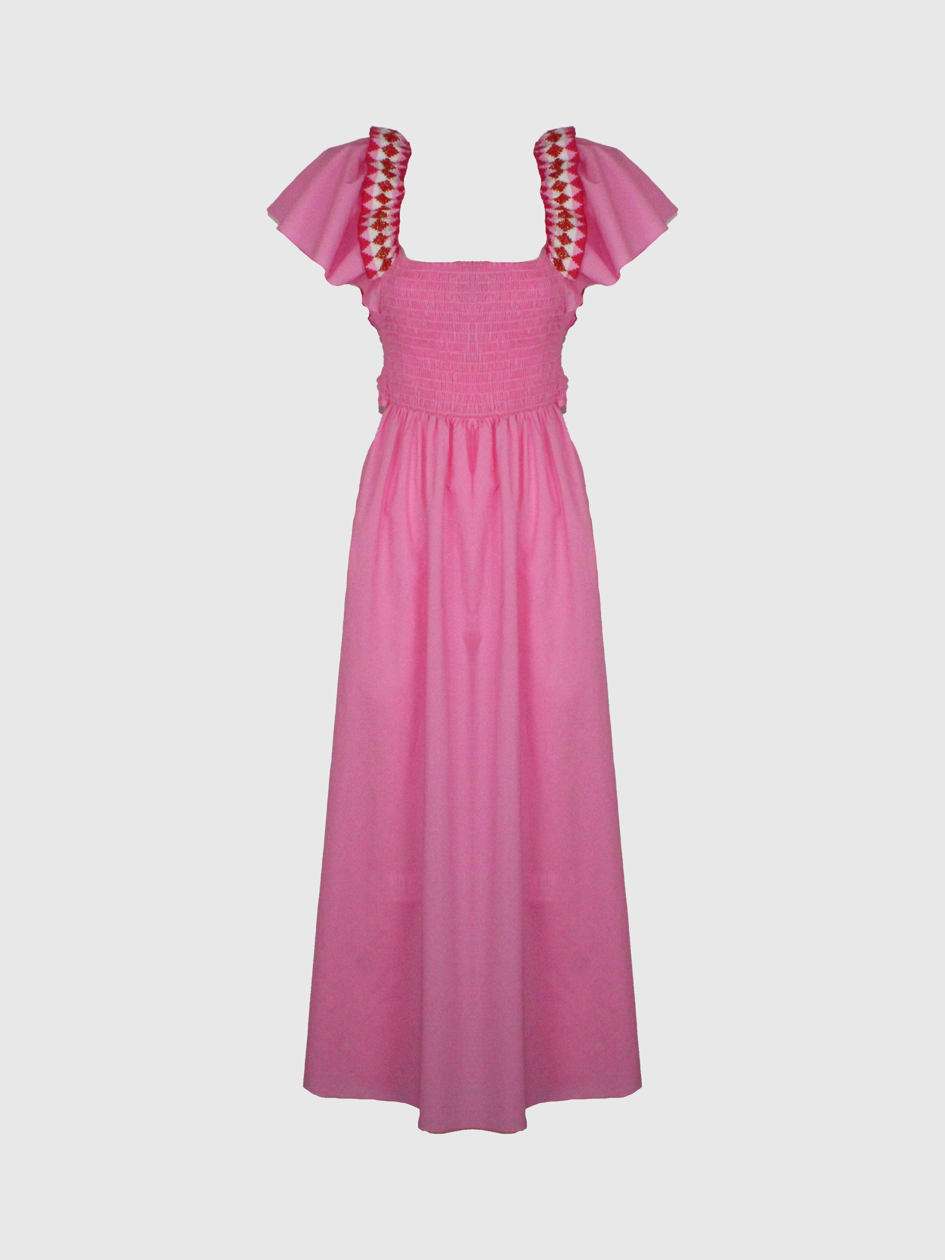 ABITO ROSA MIDI IN FRESCO COTONE PUNTO SMOCK E CORPETTO