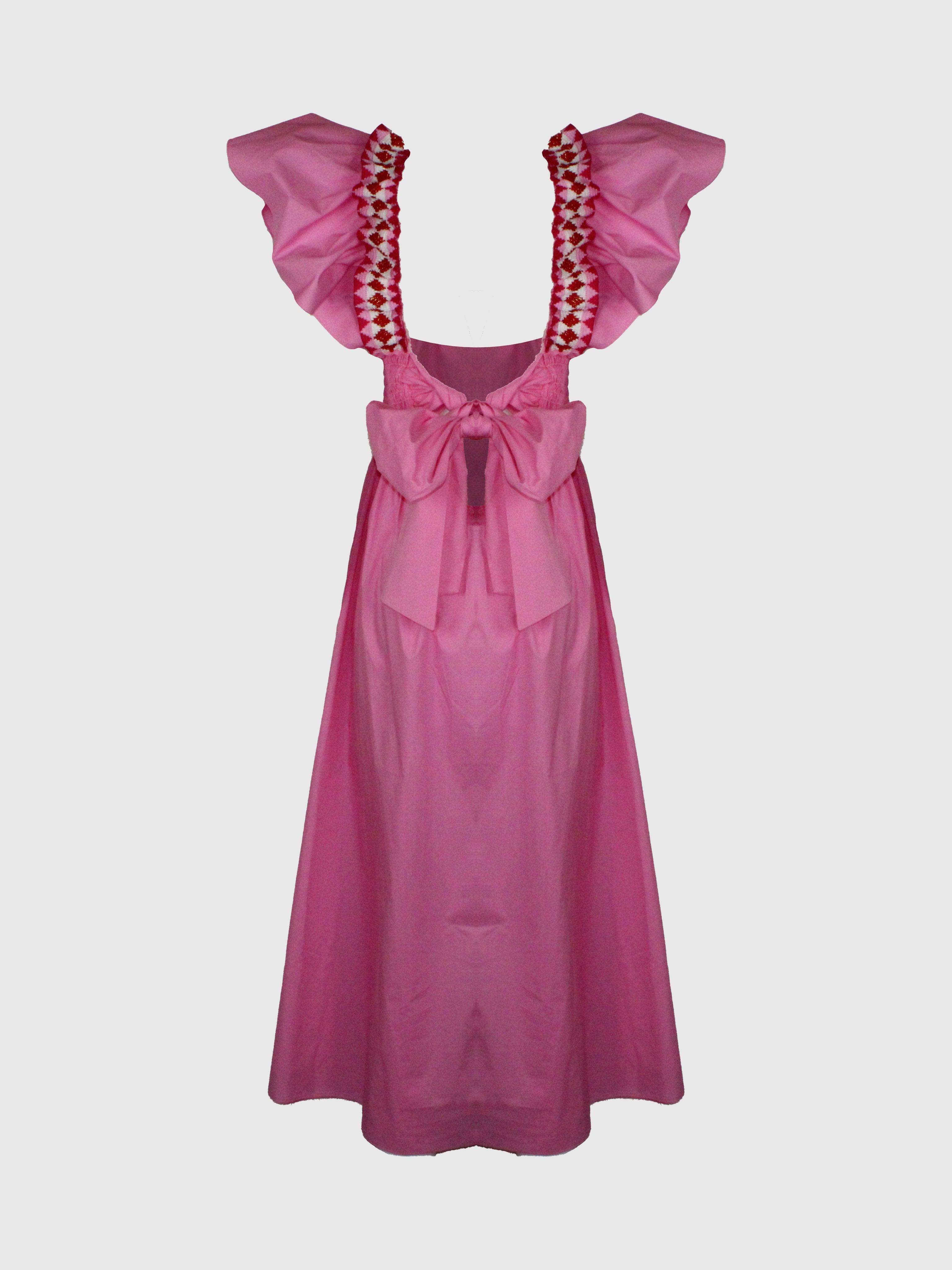 ABITO ROSA MIDI IN FRESCO COTONE PUNTO SMOCK E CORPETTO