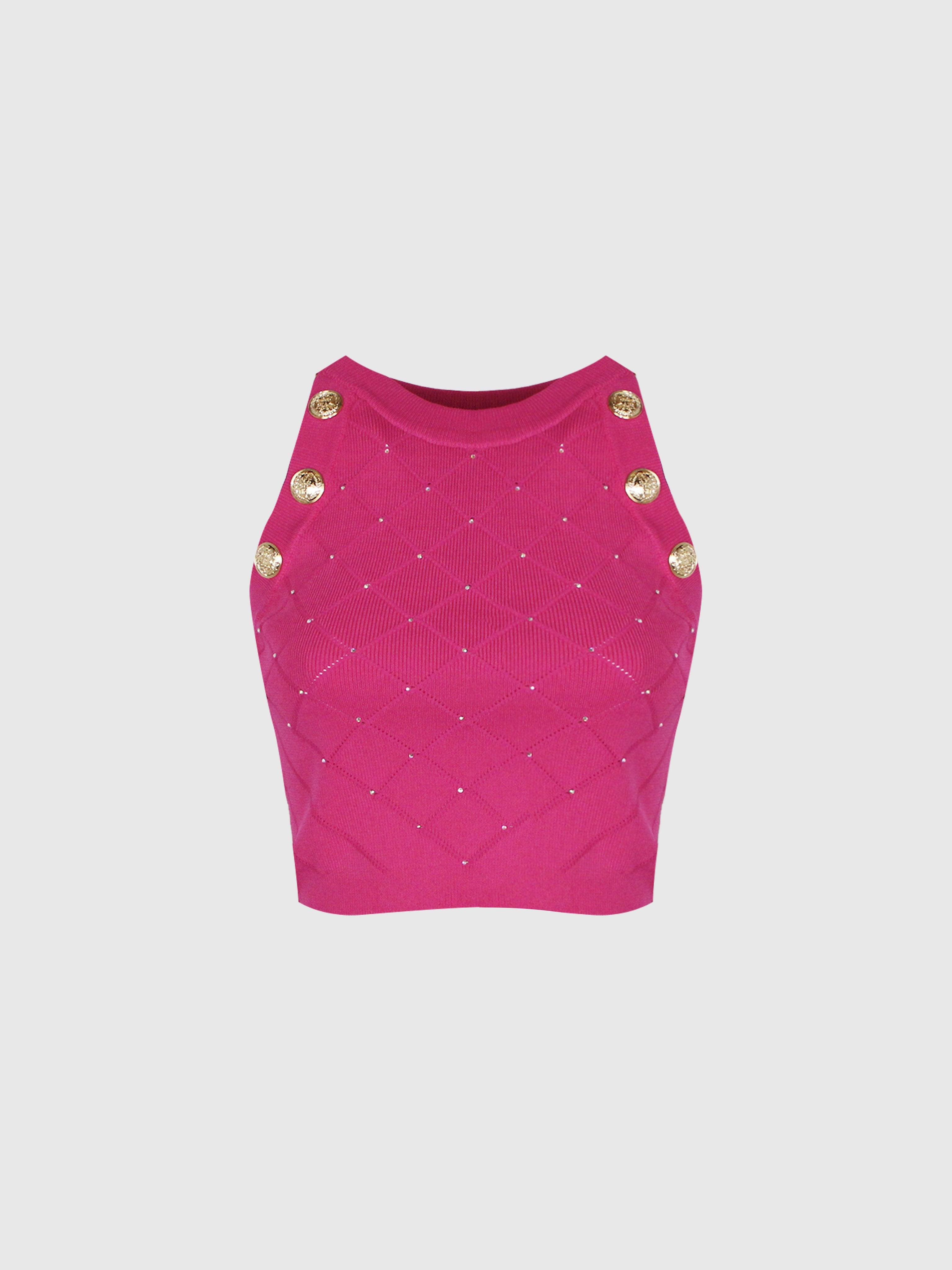 CANOTTA CORTA IN MAGLIA FUCSIA SMANICATA CON CRISTALLI STRASS AURORA BOREALE