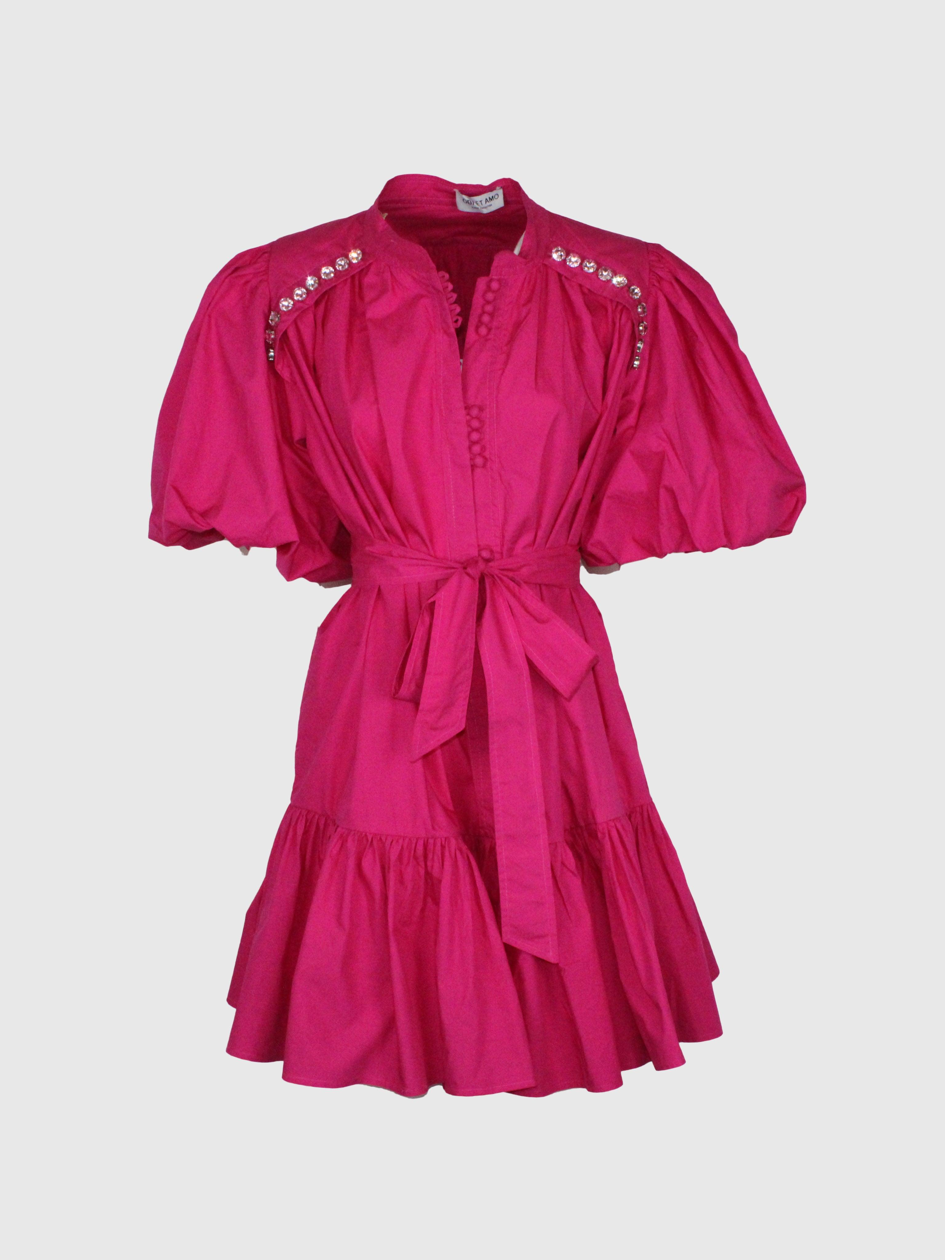 ABITO CORTO MANICHE A PALLONCINO FUCSIA IN COTONE CON CRISTALLI