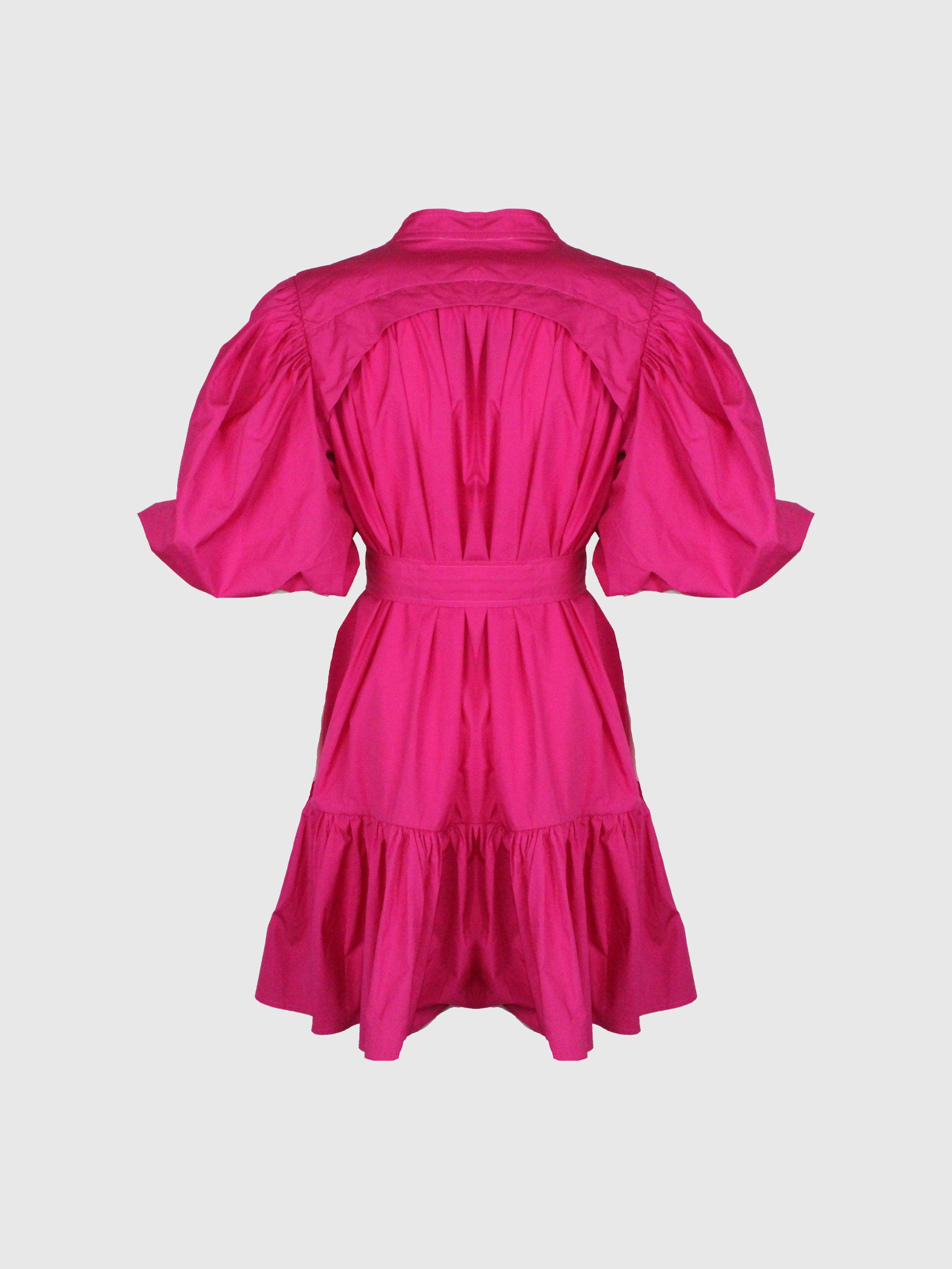 ABITO CORTO MANICHE A PALLONCINO FUCSIA IN COTONE CON CRISTALLI