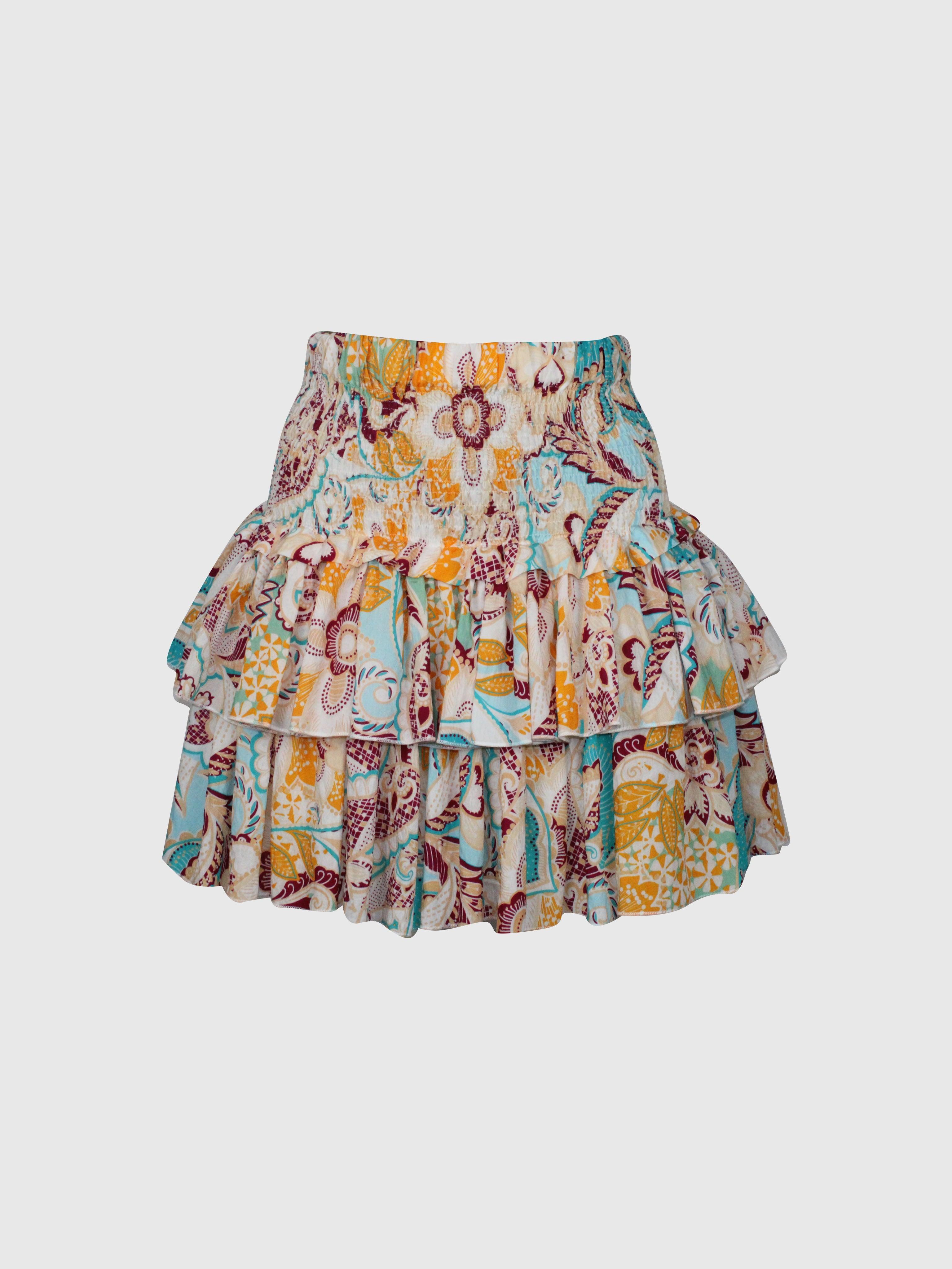 MINIGONNA A BALZE CON PUNTO SMOCK STAMPA MULTICOLOR E CRISTALLI