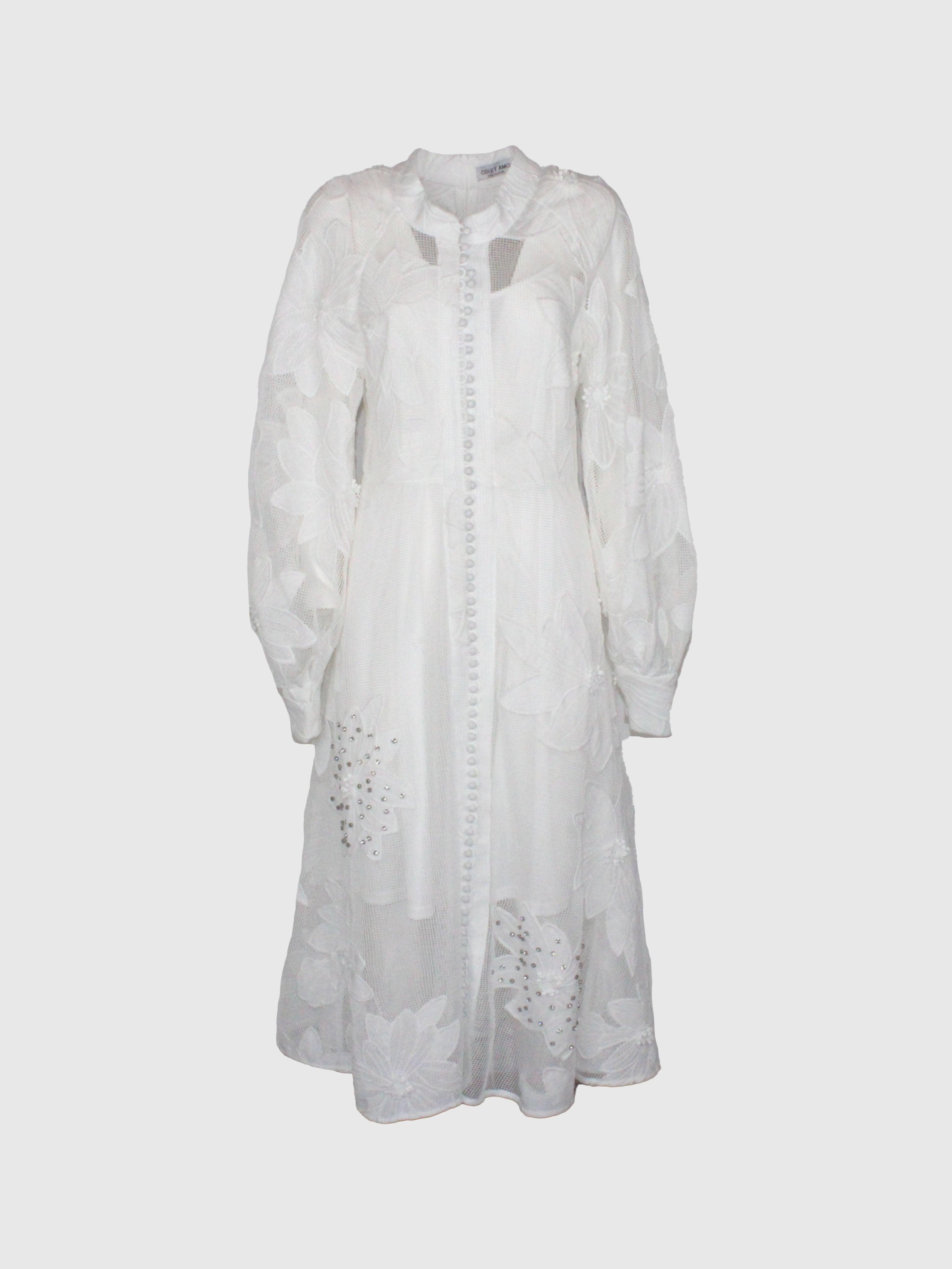 ABITO BIANCO MIDI IN PIZZO COLLO COREANO CON CRISTALLI