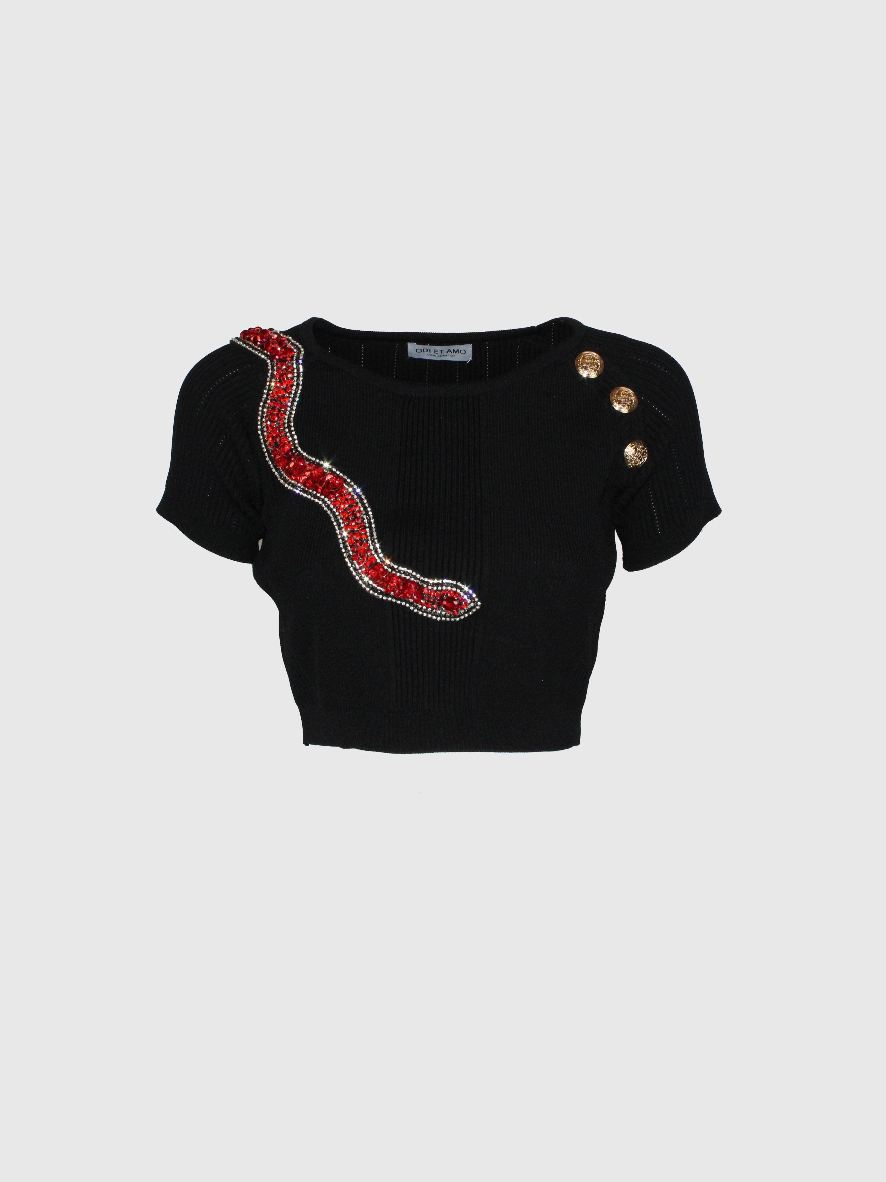 TOP CORTO NERO IN MAGLIA CON SERPENTE GIOIELLO CRISTALLI