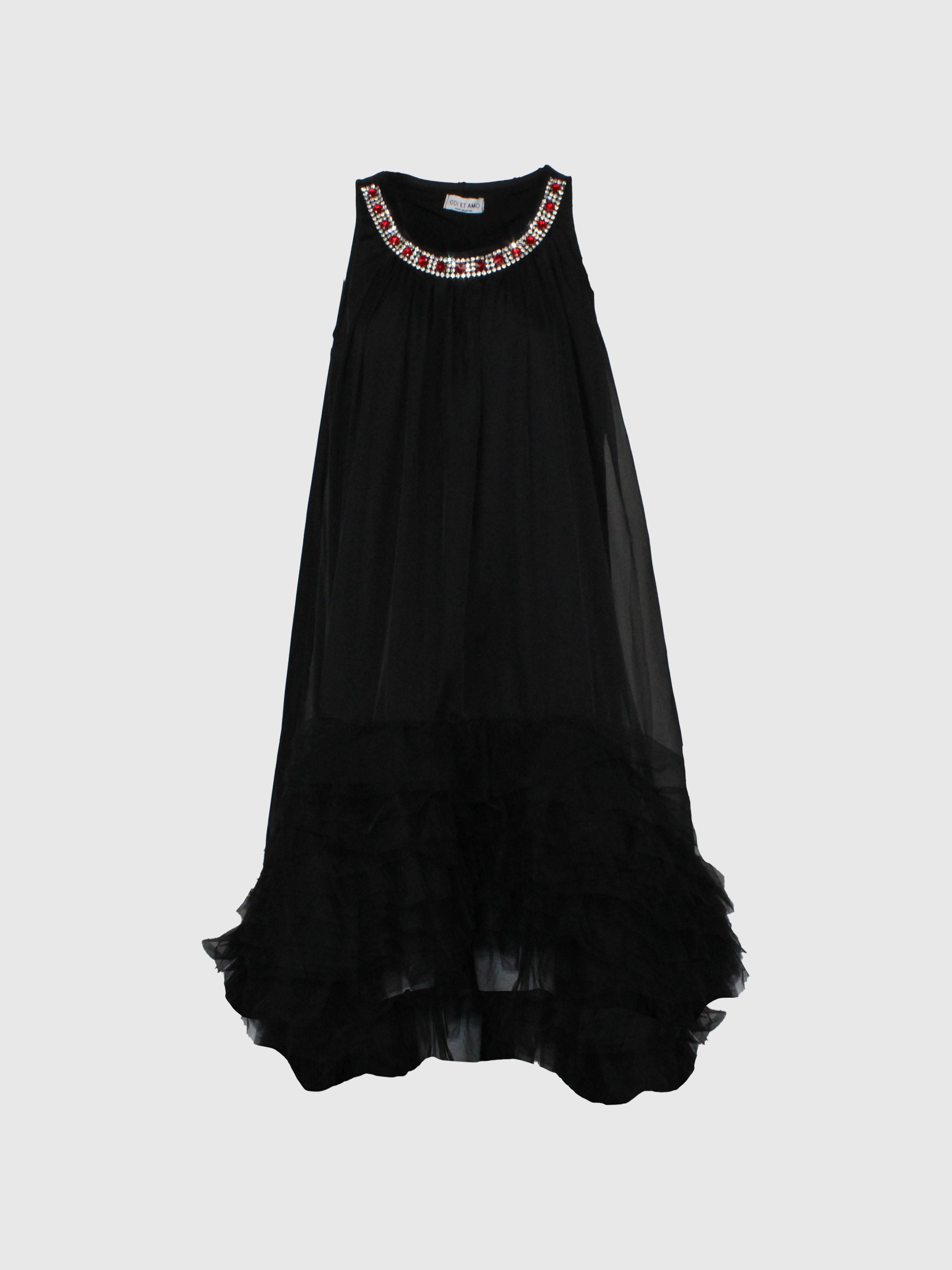 ABITO NERO MIDI LARGO IN TULLE SMANICATO CON COLLANA PIETRE PREZIOSE