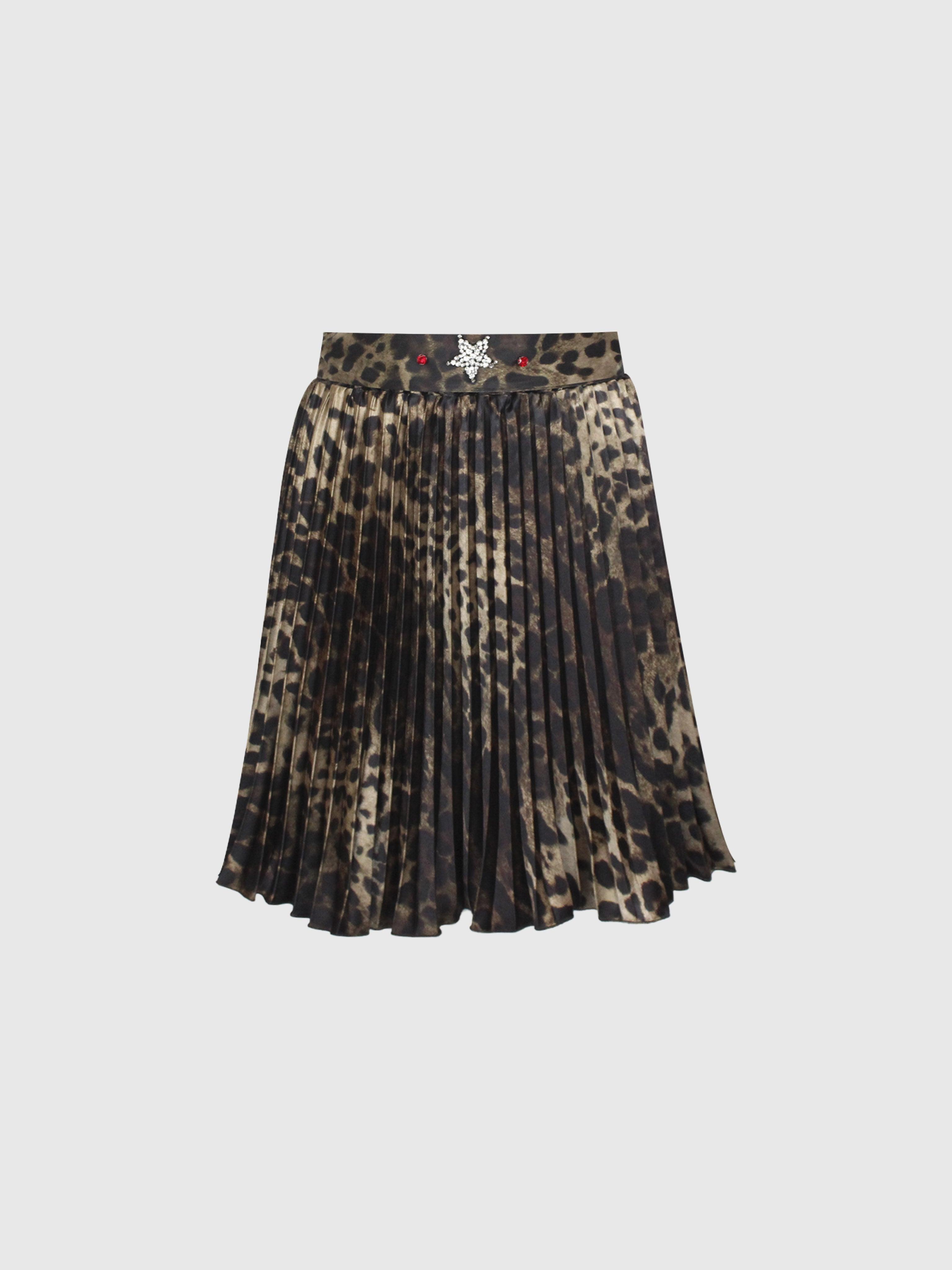 GONNA MORBIDA A PIEGHE STAMPA LEOPARDO CON CINTA LEOPARDO E CRISTALLI