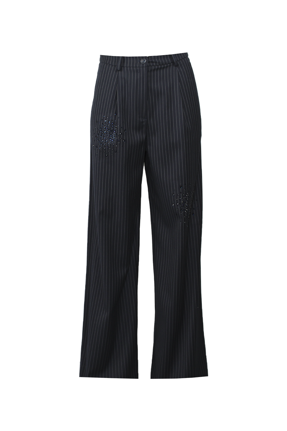 STRAIGHT-LEG TAILORED PINSTRIPE PALAZZO TROUSERS WITH RHINESTONE APPLICATIONS