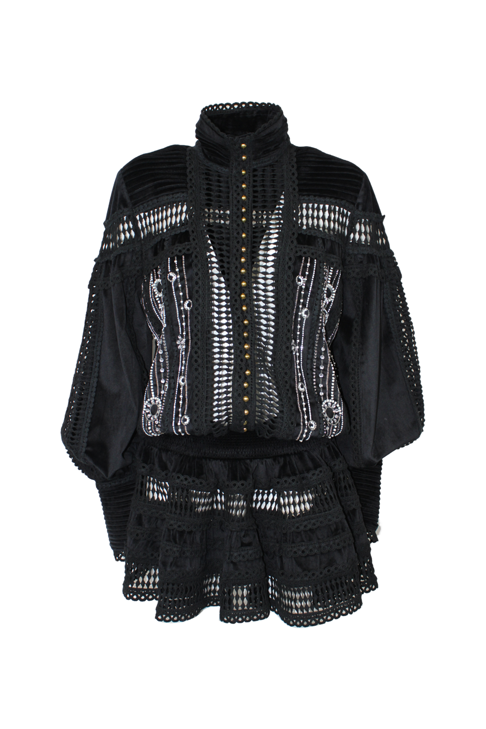 VELVET DRESS WITH SHORT RUFFLED SKIRT WITH LACE INSERTS AND HAND-SEWN BEADS