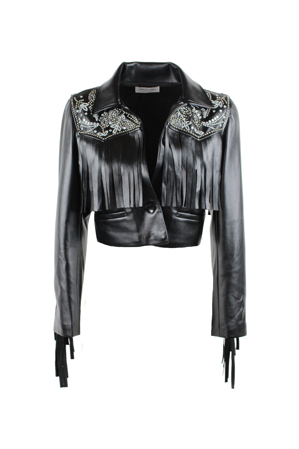BLAZER CROPPED IN ECOPELLE CON FRANGE E PERLINE RICAMATE A MANO