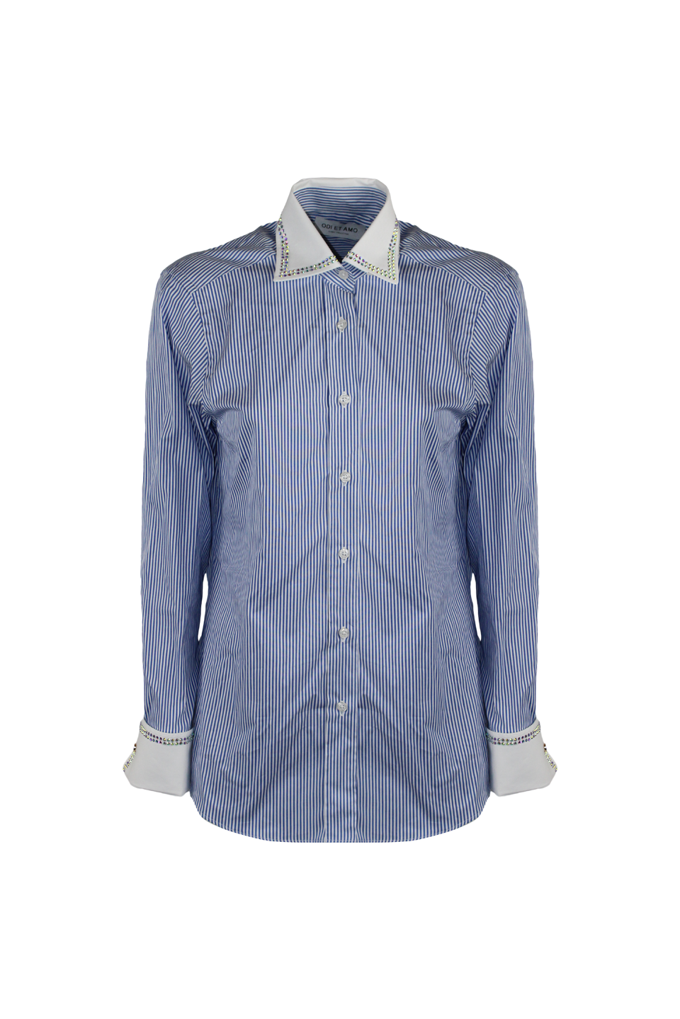 CAMICIA OXFORD A RIGHE CON STRASS SU COLLO E POLSI