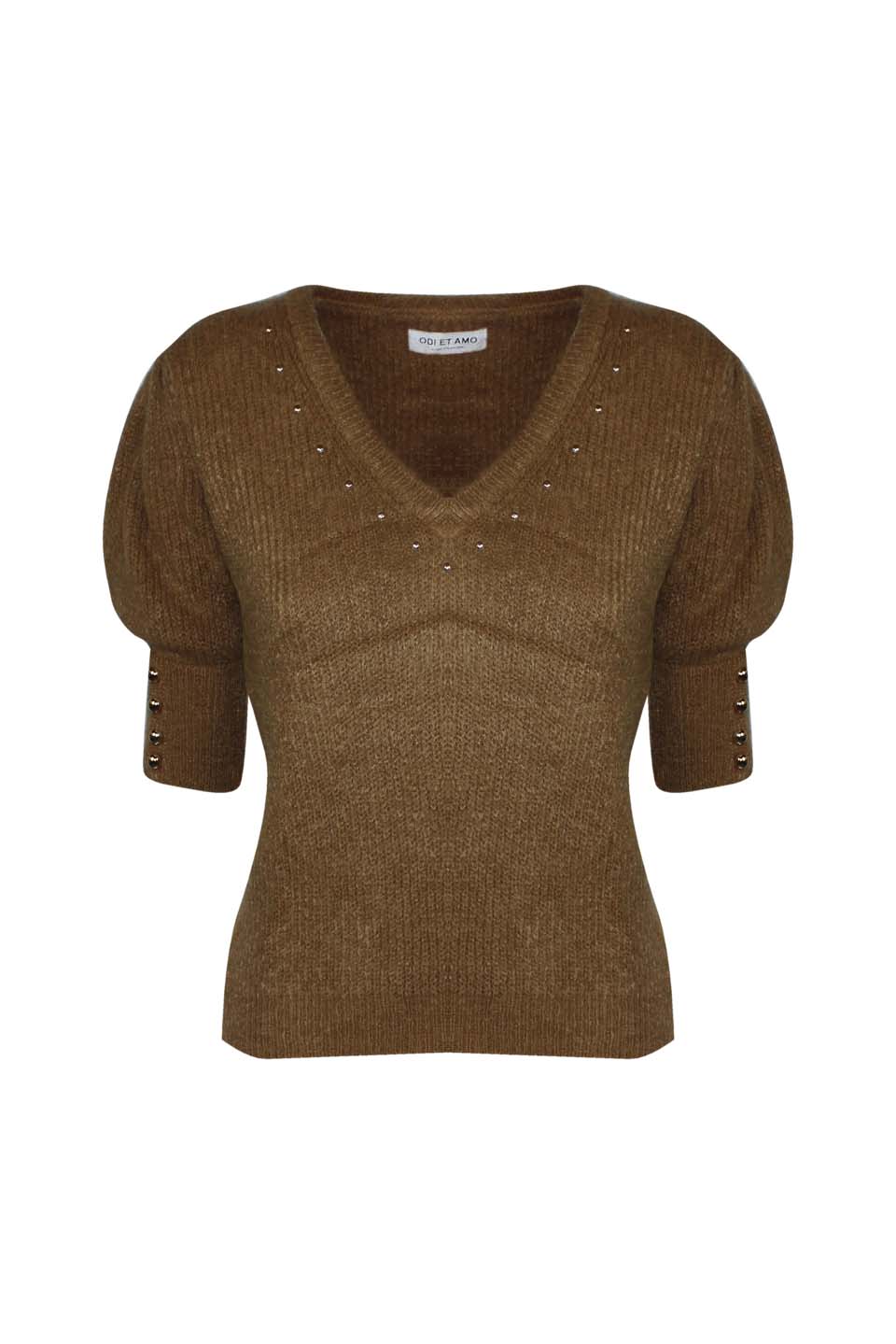 SHORT-SLEEVE MOHAIR BLEND PULLOVER WITH STUDS ON THE V-NECK