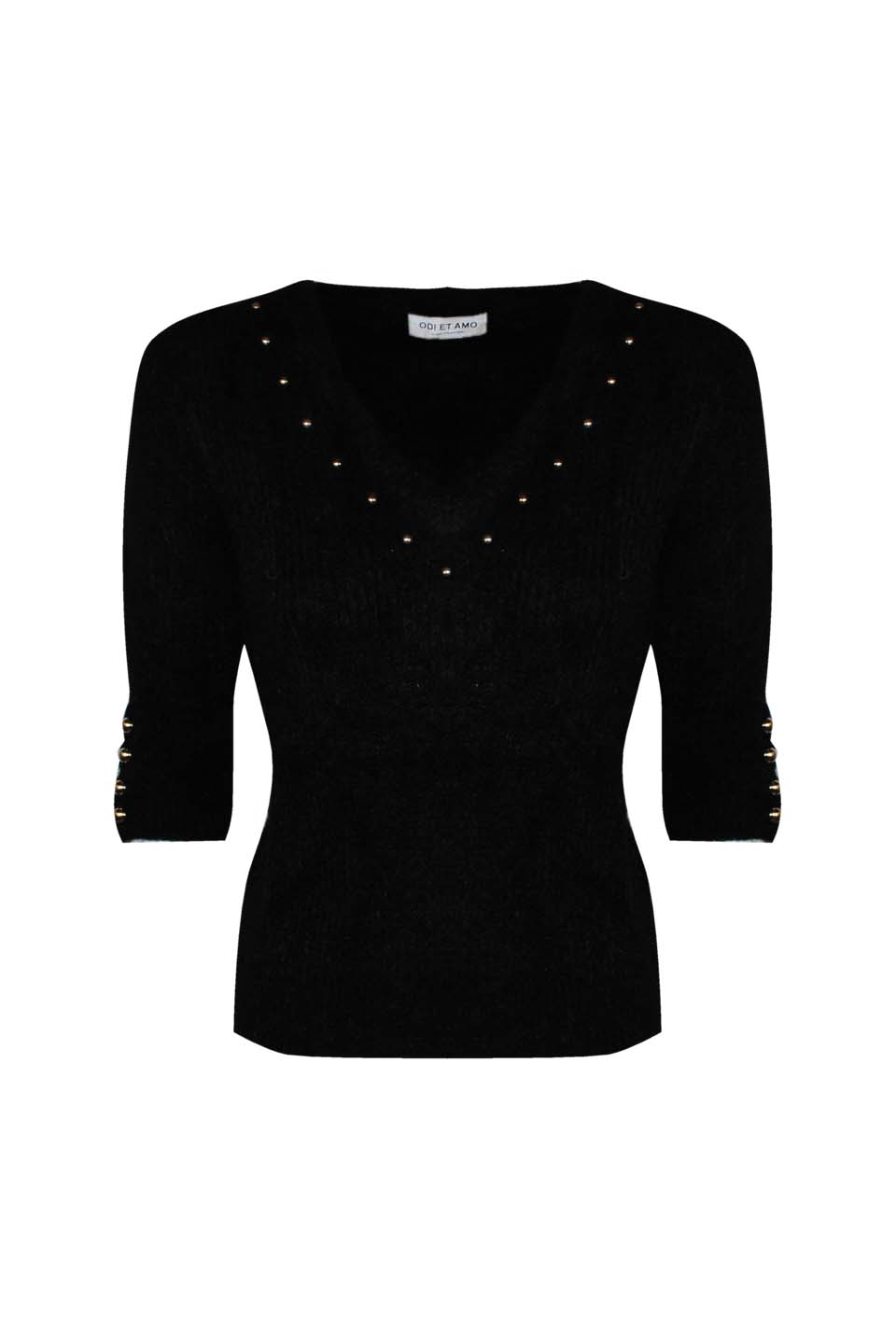 SHORT-SLEEVE MOHAIR BLEND PULLOVER WITH STUDS ON THE V-NECK