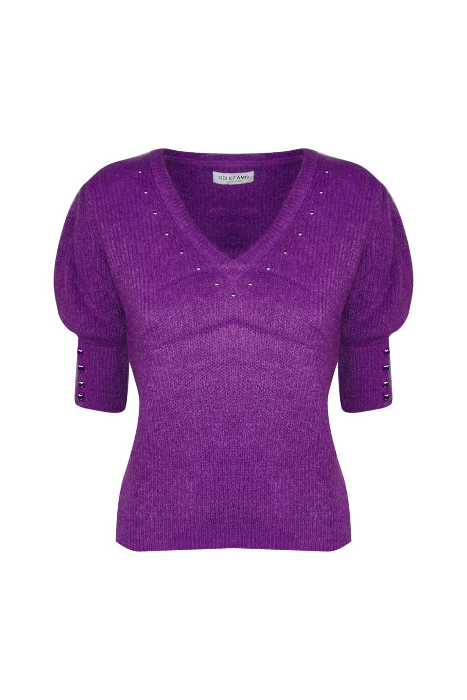 SHORT-SLEEVE MOHAIR BLEND PULLOVER WITH STUDS ON THE V-NECK