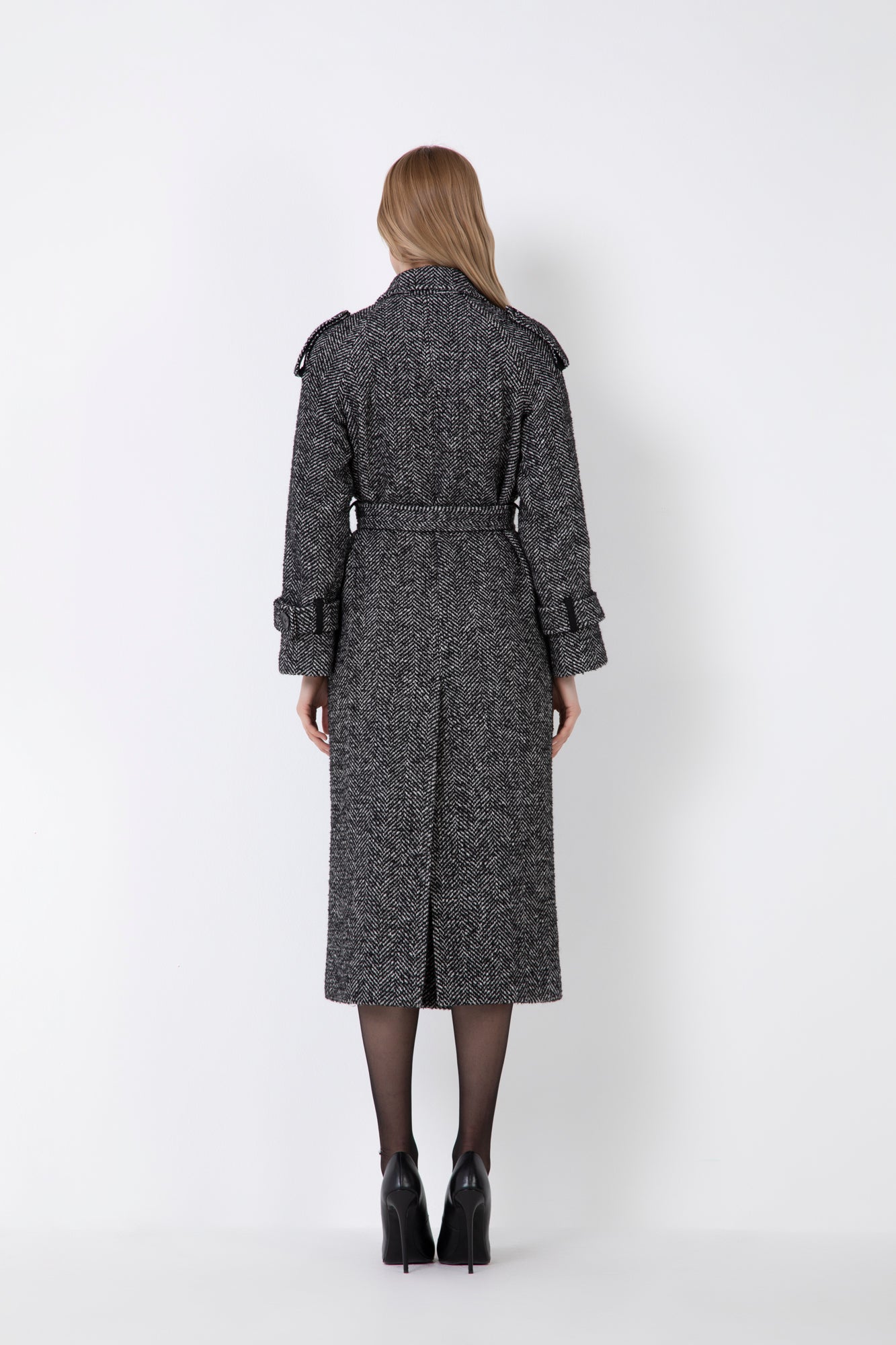 HERRINGBONE CASHMERE BLEND TRENCH COAT WITH BUTTONS AND POCKETS