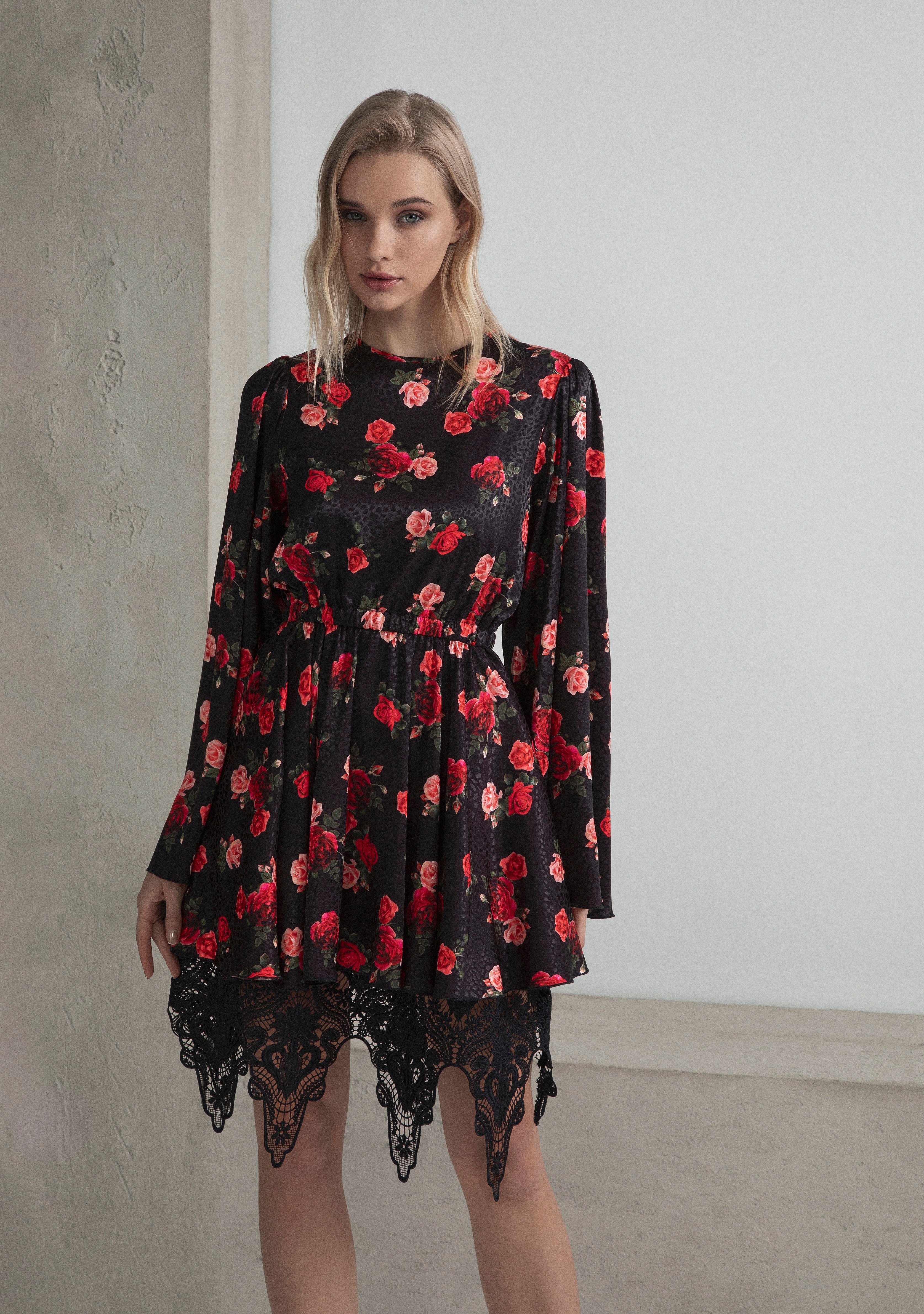 DRESS WITH FULL SKIRT AND SATIN PETTICOAT AND LACE INSERTS