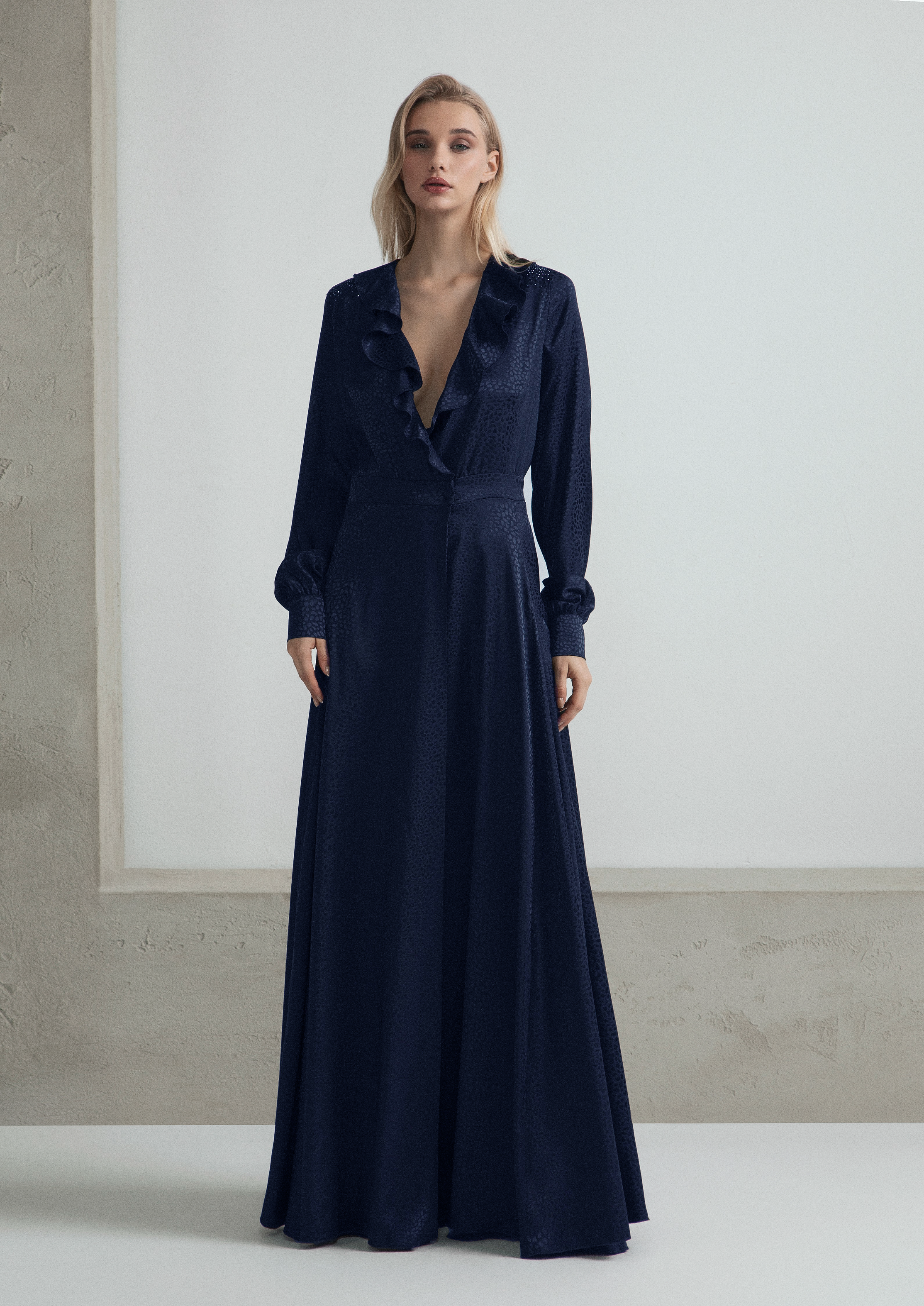 LONG WRAP DRESS WITH RUFFLES ON THE FRONT AND RHINESTONE