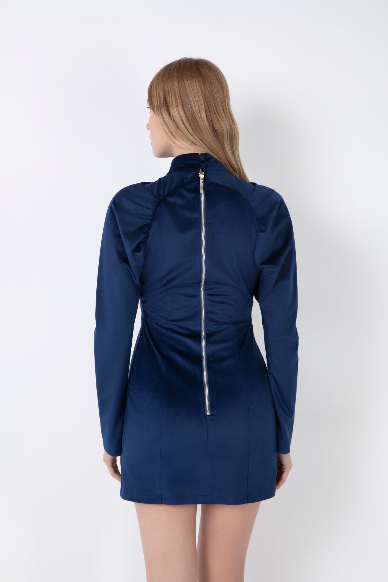 SHORT HIGH-NECK VELVET SHEATH DRESS WITH BALLOON SLEEVES AND BUTTONS