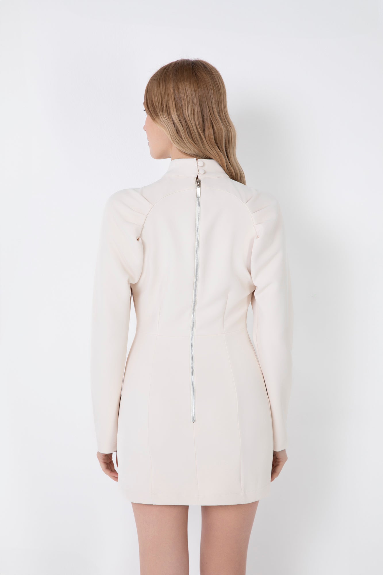 SHORT HIGH NECK SHEATH DRESS WITH BALLOON SLEEVES AND BUTTONS