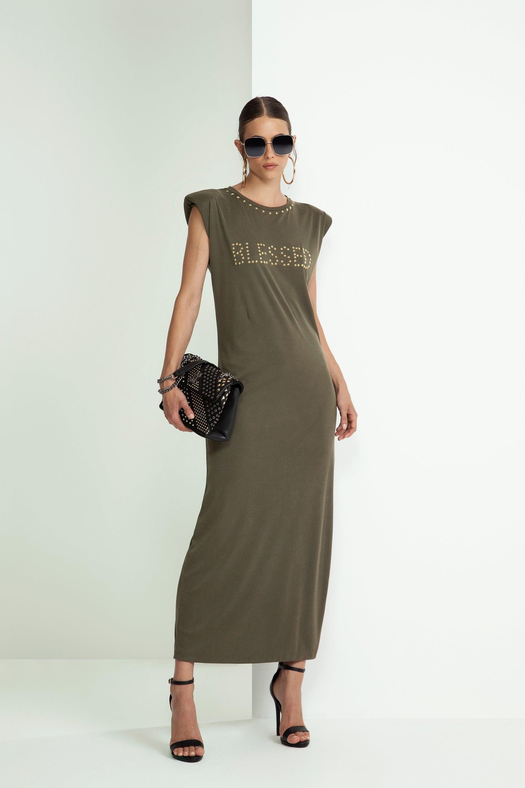 ABITO LUNGO A COSTE IN COTONE MODAL E APPLICAZIONE BORCHIE A STELLA BLESSED