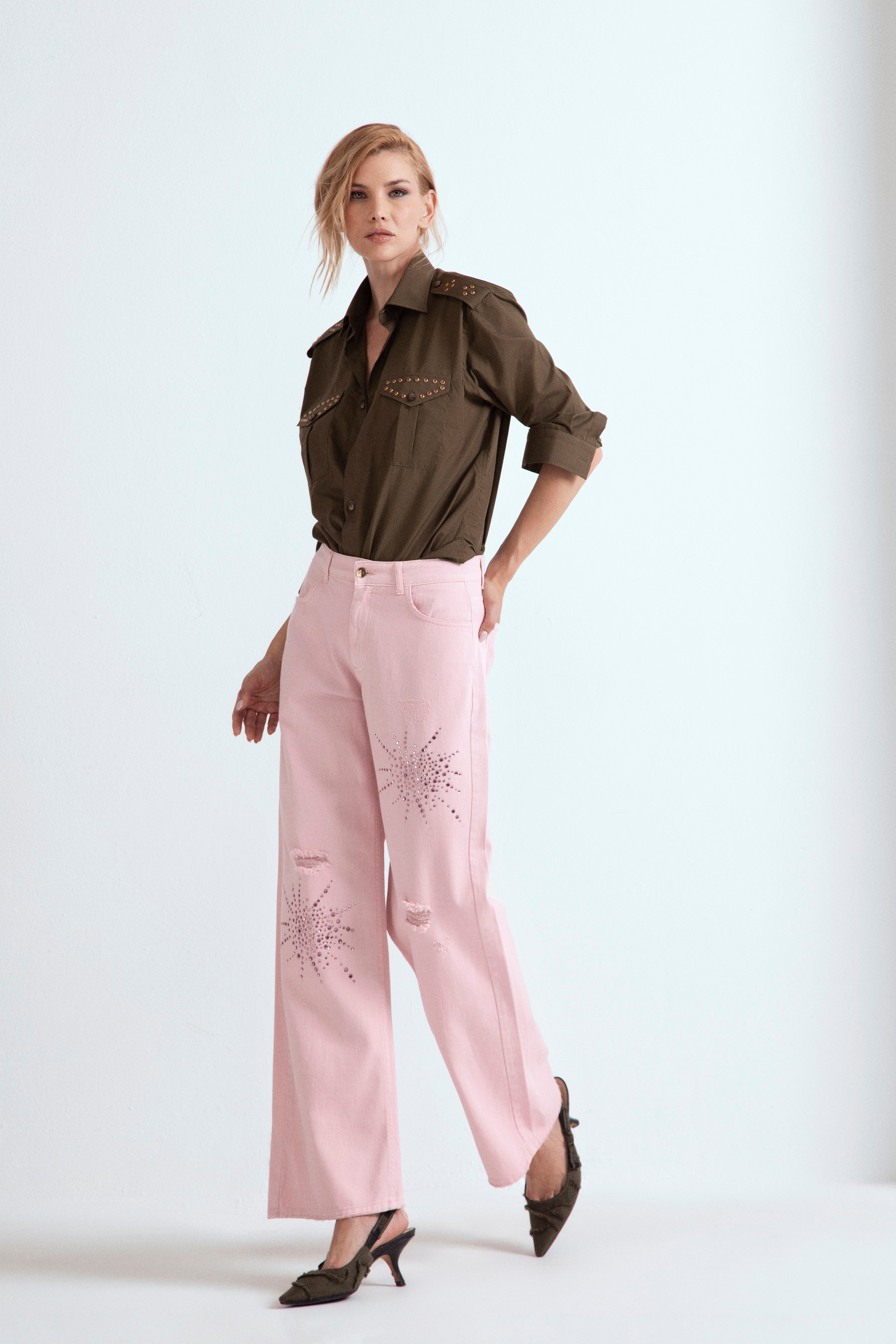 DENIM CLARISSA CON ROTTURE E CRISTALLI ROSA