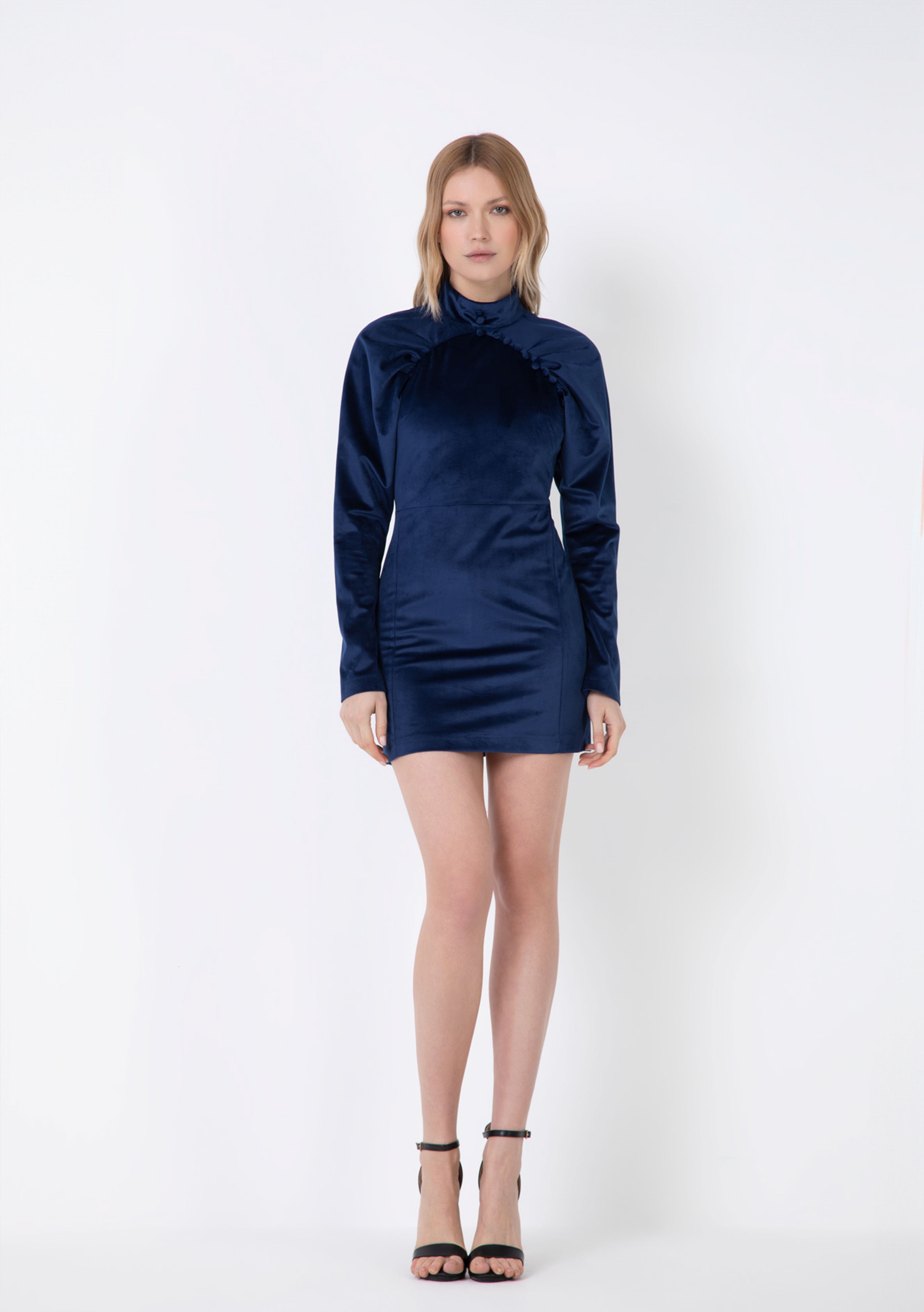 SHORT HIGH-NECK VELVET SHEATH DRESS WITH BALLOON SLEEVES AND BUTTONS