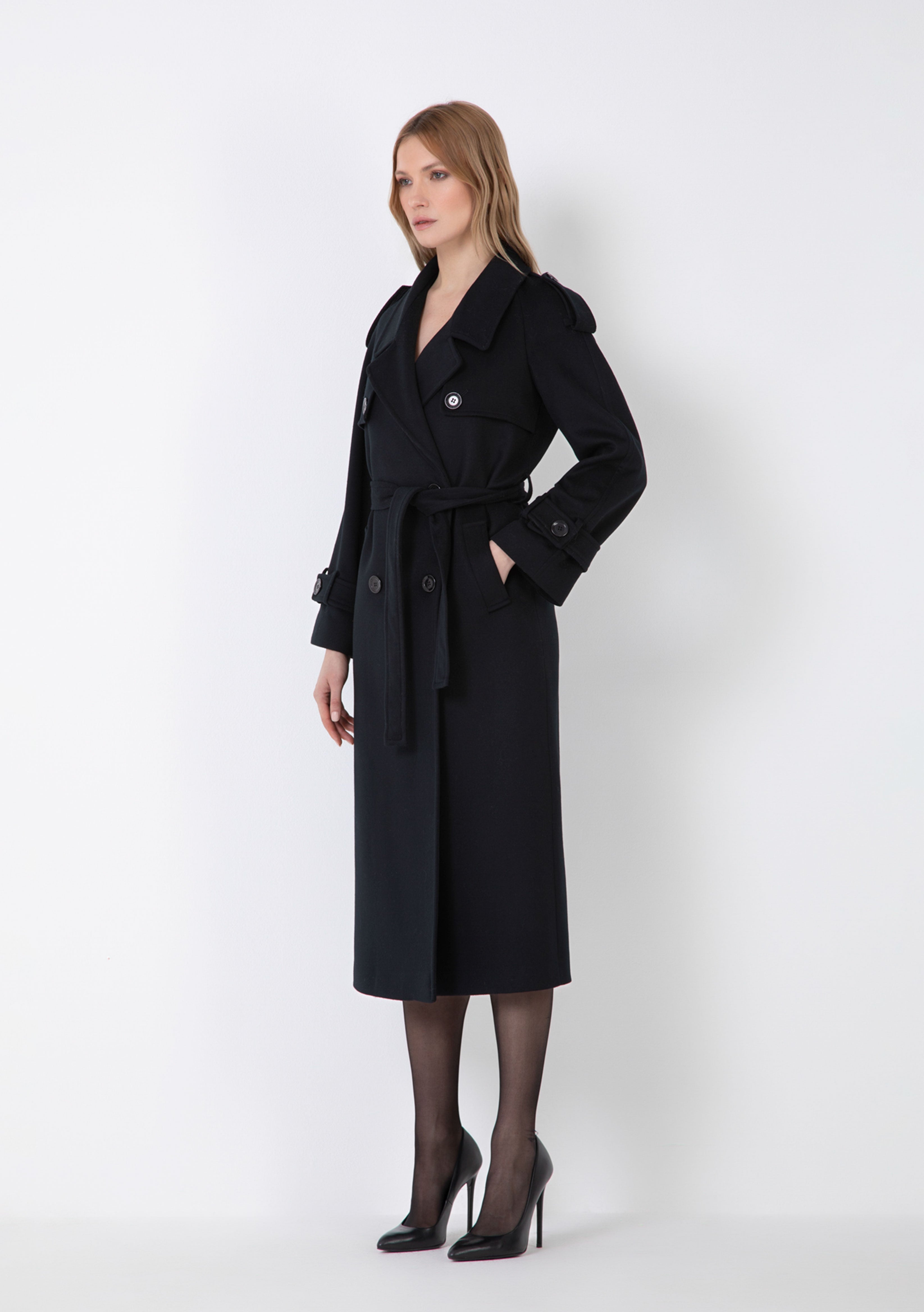 NORMAL FIT CASHMERE BLEND TRENCH COAT WITH BUTTONS AND POCKETS