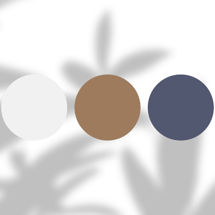 Three color swatches in white, brown, and navy on a soft botanical background