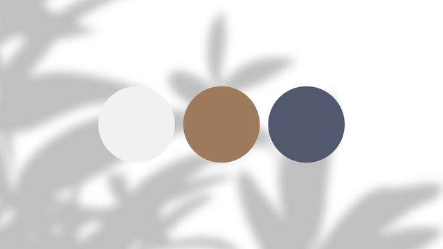 Three color swatches in white, brown, and navy on a soft botanical background
