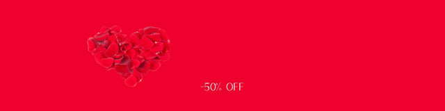 Heart made of red rose petals on red background with 50% off sale text
