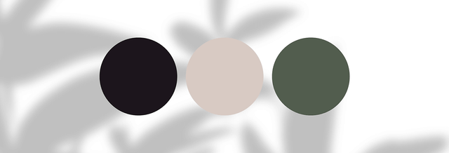 Three fashion color swatches: black, beige, olive green on white background