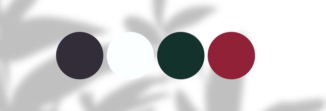 Four colored circles in dark purple, white, dark green, and burgundy on a light backdrop