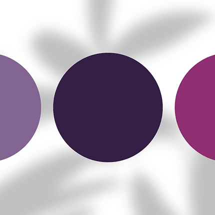 Three purple and violet fashion color swatches on white with soft shadows