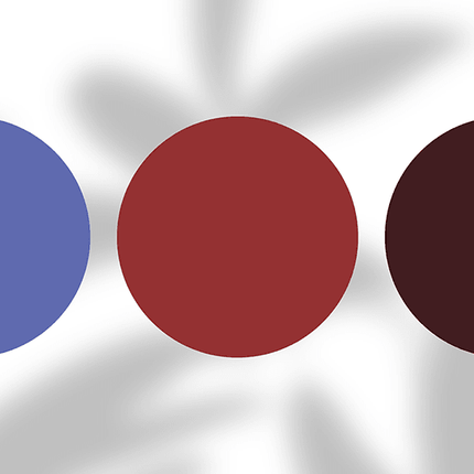 Three color swatches in blue, red, and burgundy on a white background