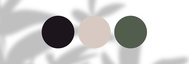 Three color swatches—black, beige, and olive green—on a white background with soft shadows.