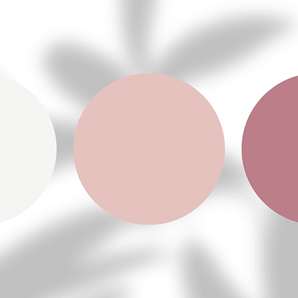Three round color swatches in white, blush pink, and mauve on a light background