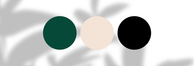 Color palette with dark green, beige, and black circles on a soft gray leafy background