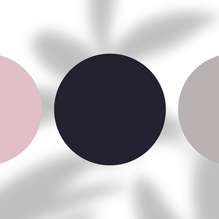 Three color swatches in pink, dark navy, and taupe on a white background