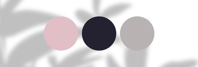 Three color swatches in pink, dark navy, and taupe on a white background