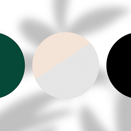Three color swatches: dark green, beige and light gray, black, on white background