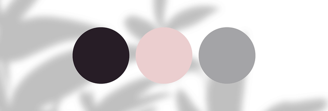 Three large color swatches—black, blush pink, and gray—on a white background with soft shadows.